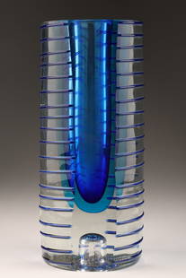 Pavel Hlava Blue Post Modern Sommerso Column Vase: Pavel Hlava Delphinium Blue Post Modern Sommerso Column Ribbed Vase. 8 inches H x 3.5 W.