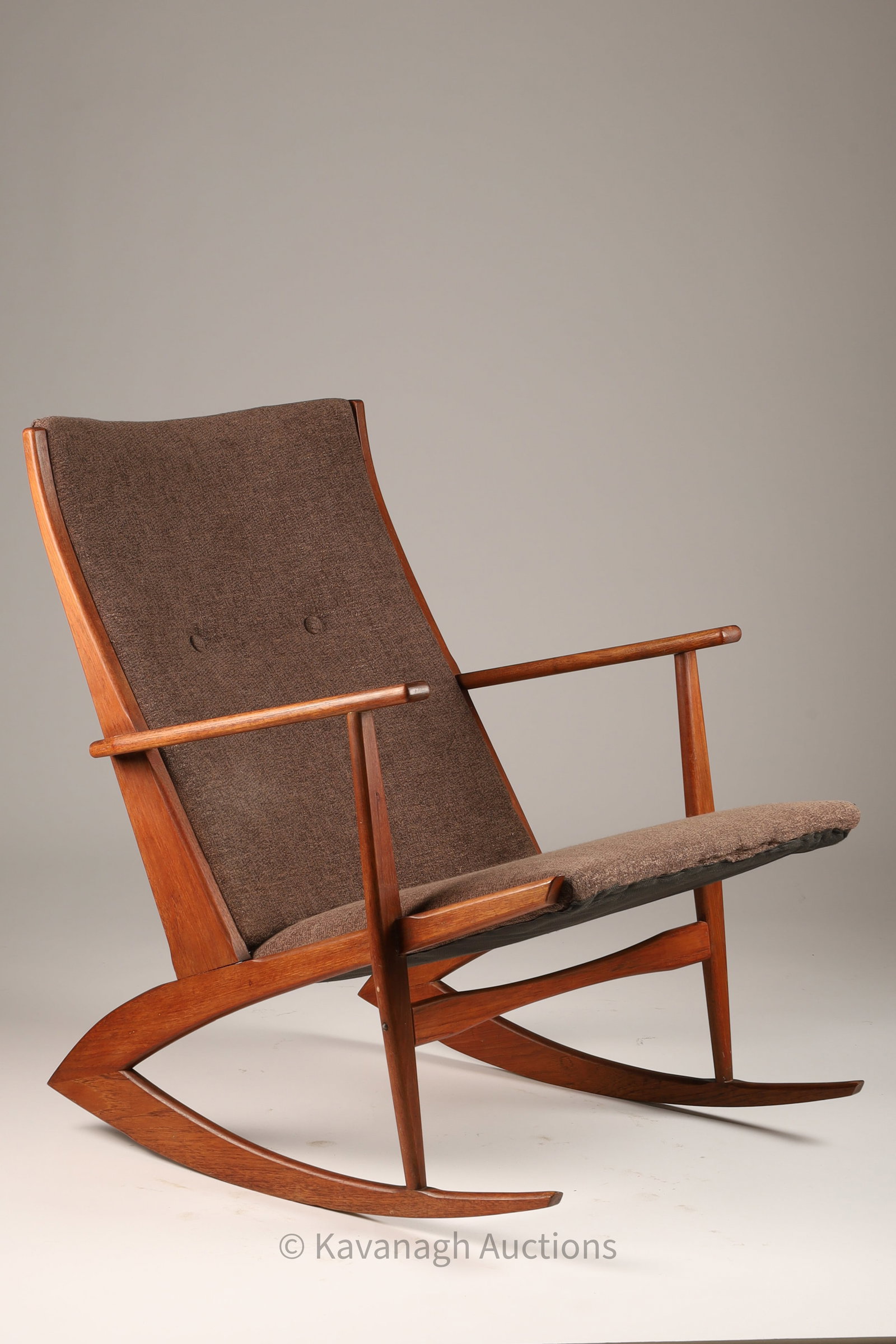 MCM Georg Jensen Denmark Teak Rocking Chair: Mid Century Georg Jensen Denmark Carved Upholstered Teak Rocking Chair. 24.5 inches W x 31 D x 29.5 H, seat height 15 inches H.