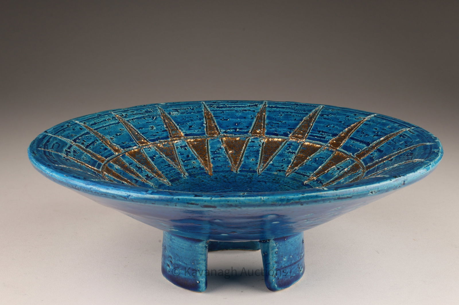MCM Bitossi Italy Blue and Gold Rays Footed Bowl: MCM Bitossi Italy Blue and Gold Rays Footed Bowl, Marked 851 Italy. 8 inches diameter x 3 H.