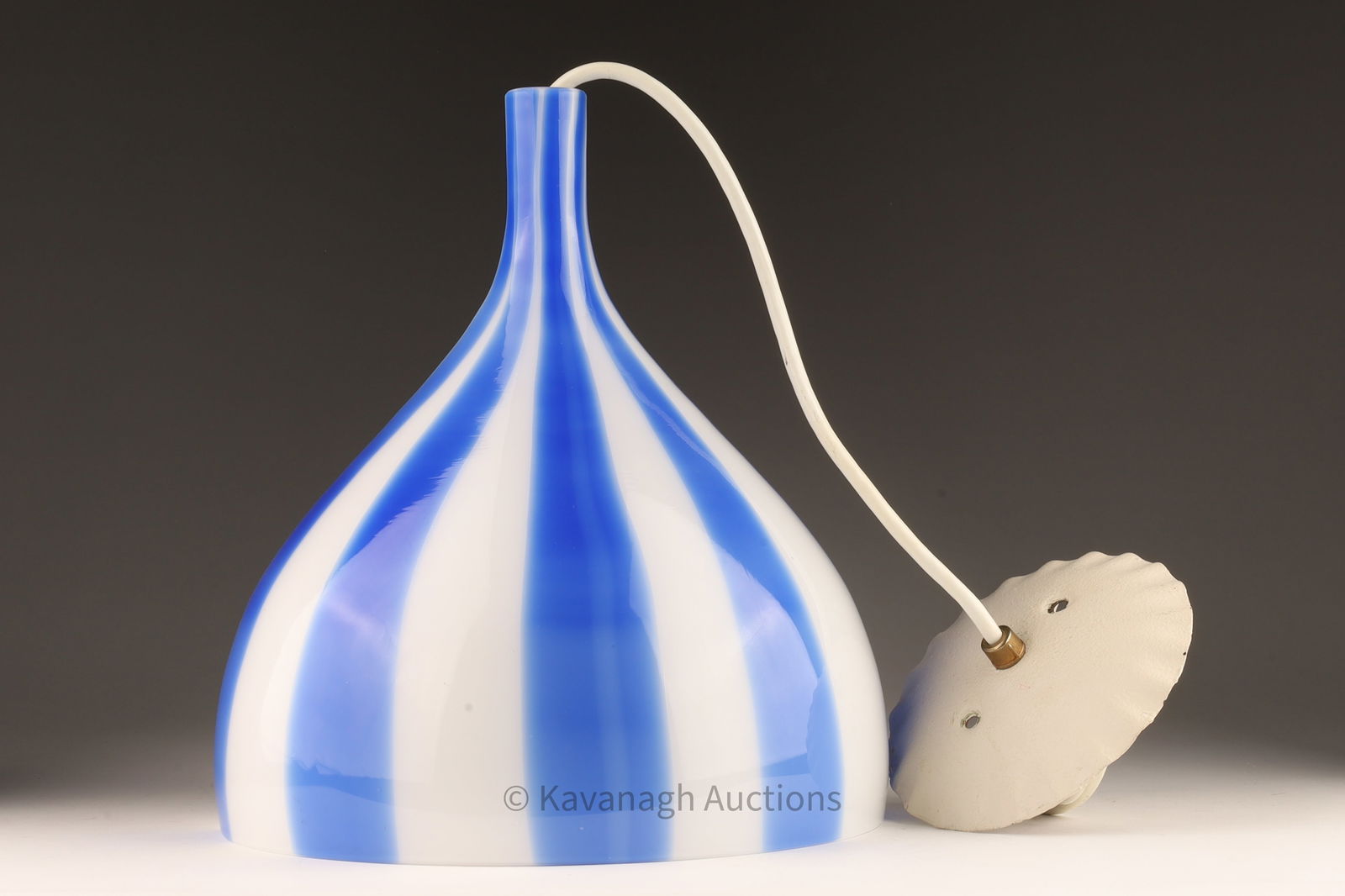 1960s Murano Massimo Vignelli Round Light Fixture: 1960s Murano Massimo Vignelli Blue and White Striped Light Fixture. Glass fixture measures 10.5 inches H x 8 W, wire adjustable.