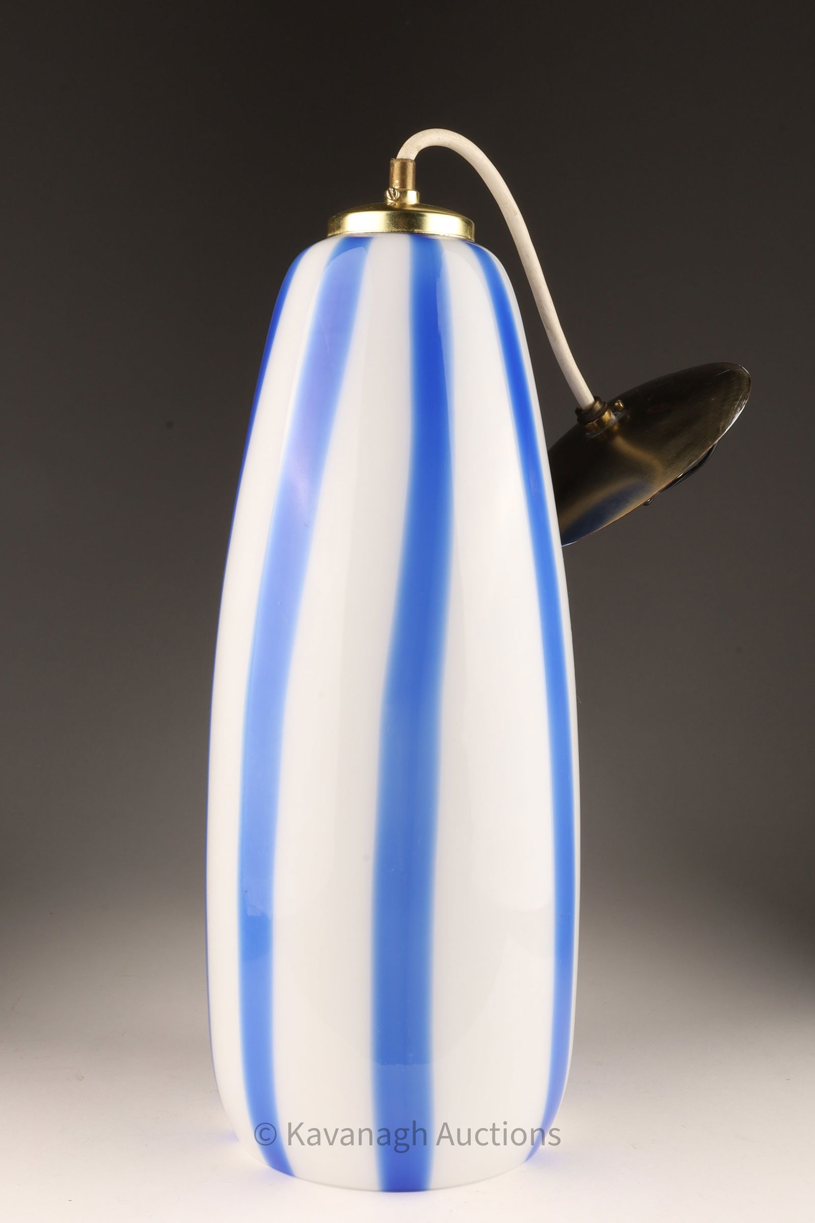1960s Murano Massimo Vignelli Tall Light Fixture: 1960s Murano Massimo Vignelli Blue and White Striped Skinny Light Fixture. Shade measures 14 inches H x 5.5 W, 22 inches with cup.