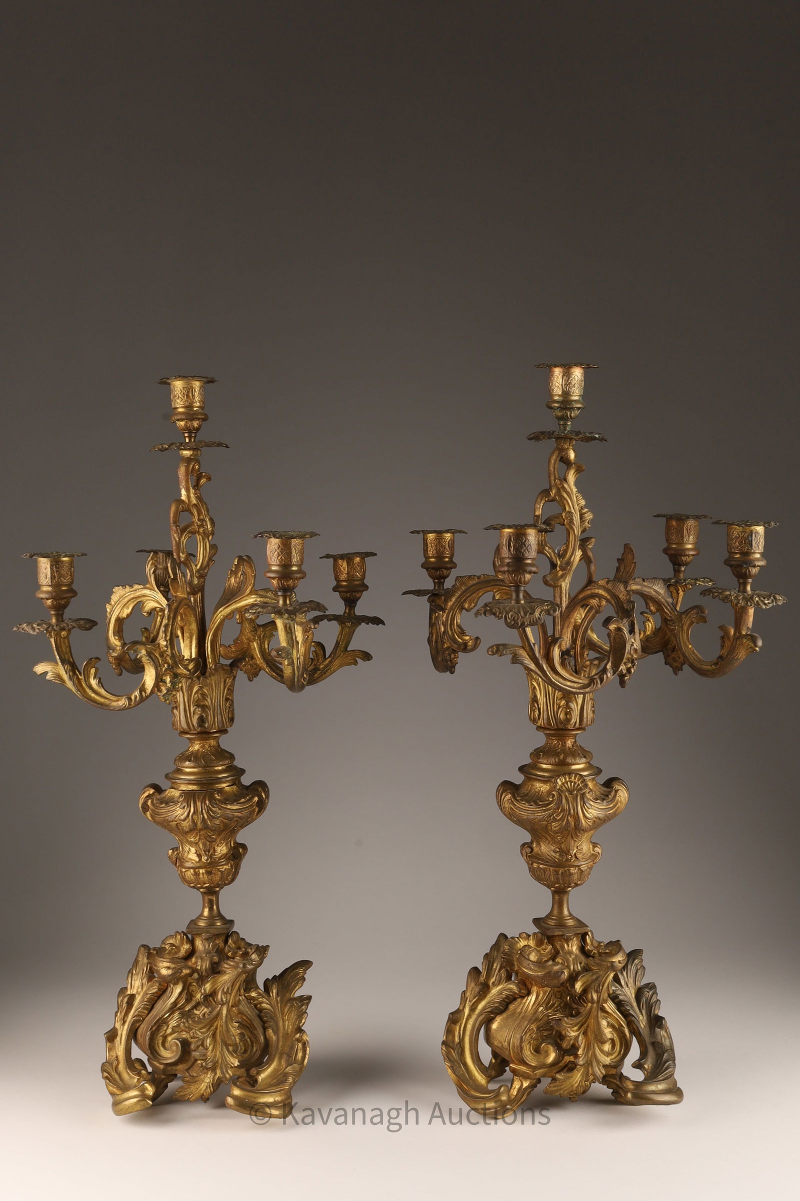 19th C Continental Gilt Bronze 5 Arm Candelabras (1 of 7)