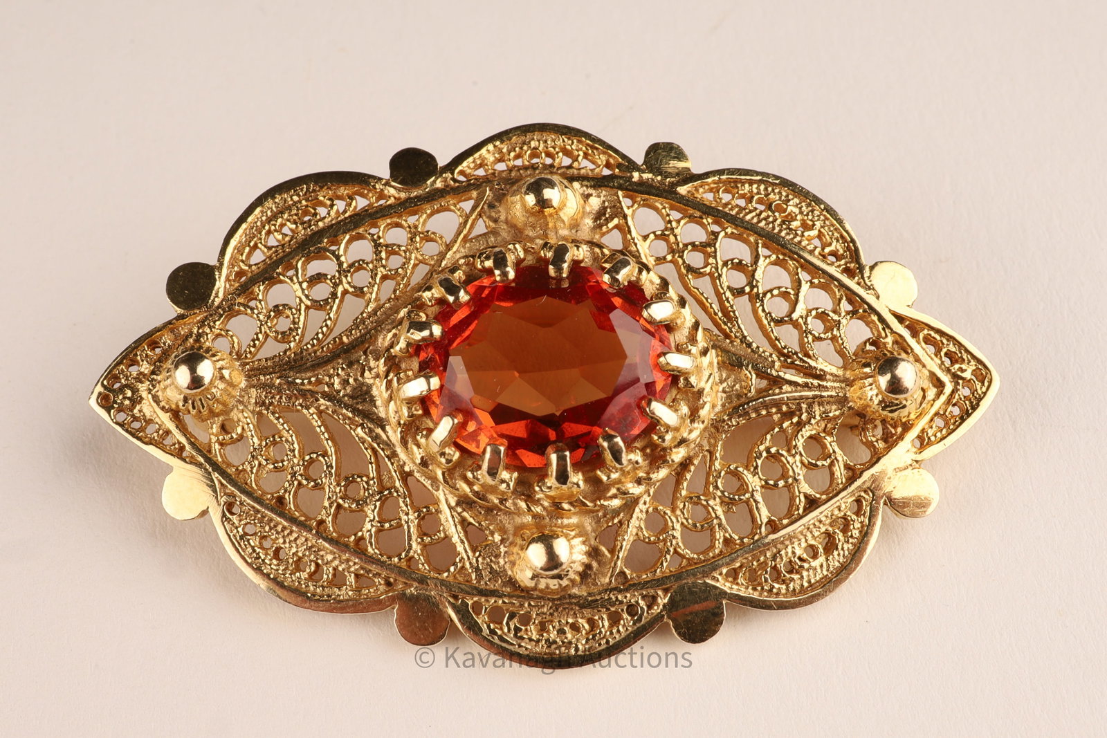 10K Filigree Gold and Orange Sapphire Brooch Pin (1 of 4)