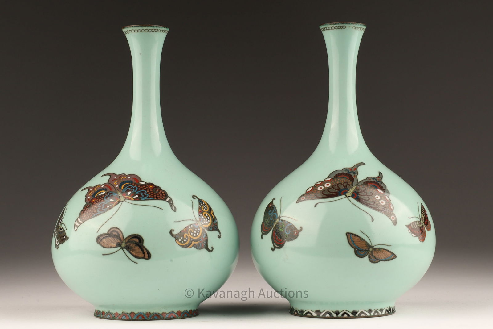Pair Chinese Turquoise Cloisonne Vases Butterflies (1 of 7)