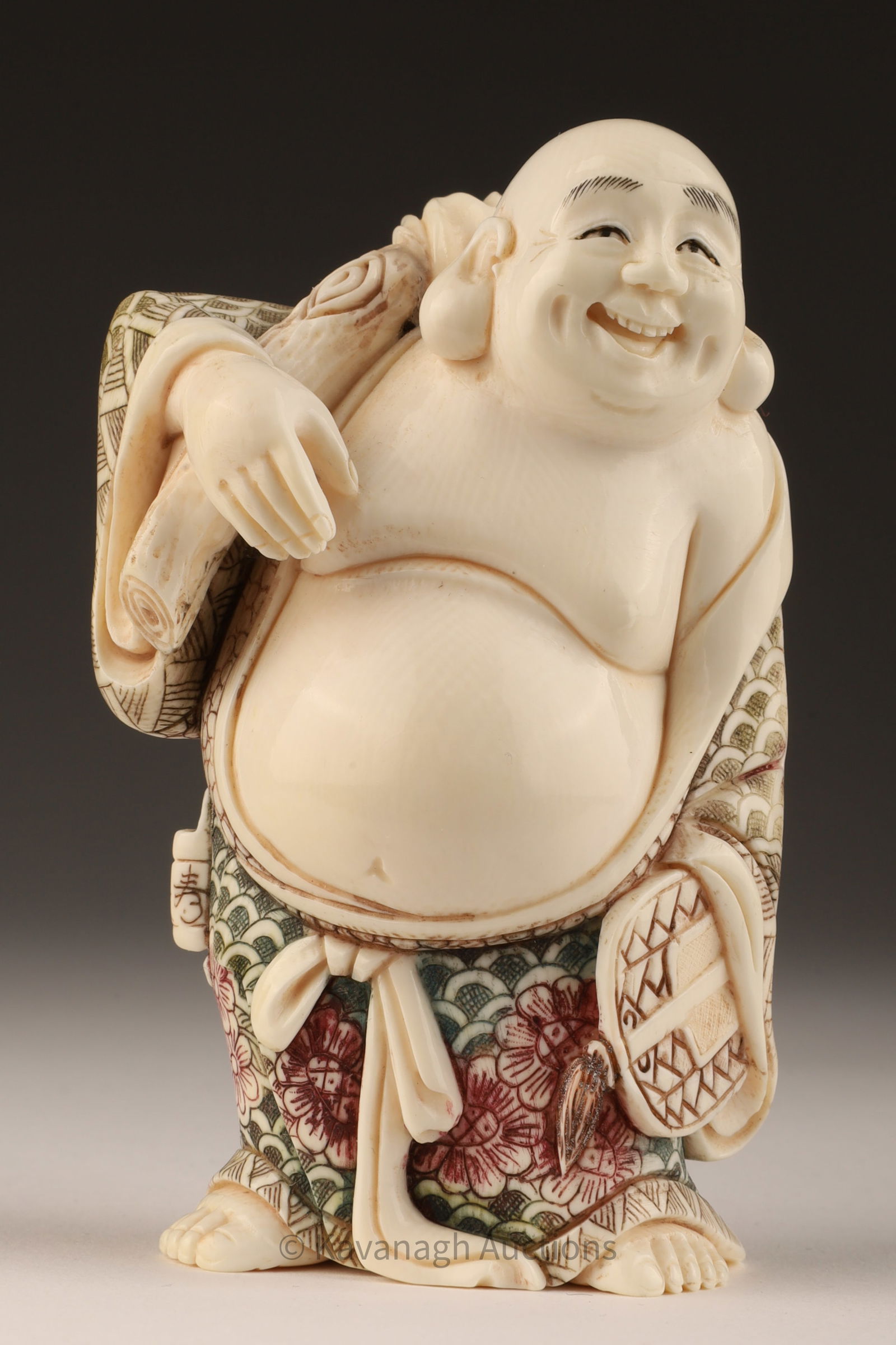 Signed Japanese Carved Okimono of Buddha with Fan (1 of 6)