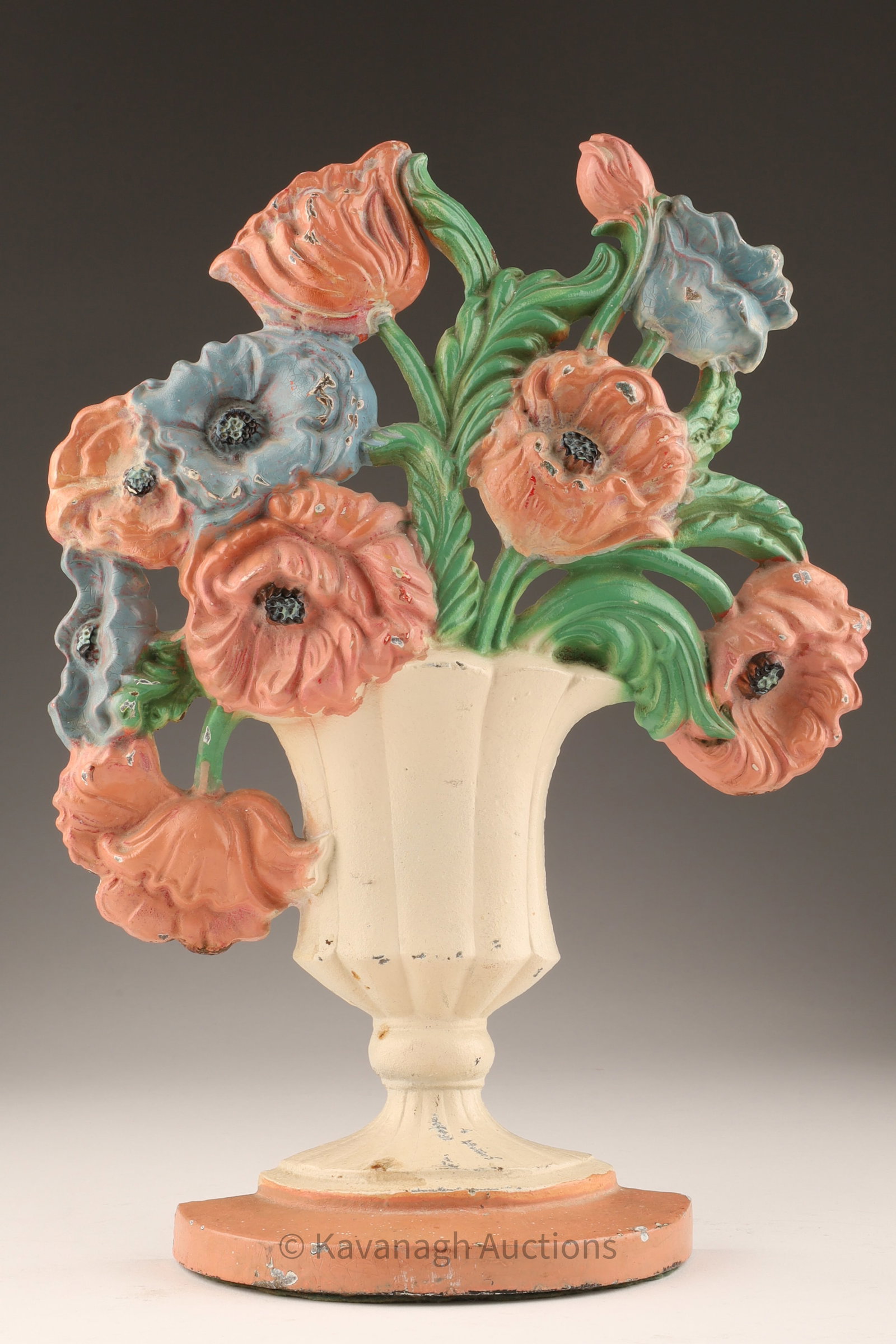 Antique Cast Iron Hubley Flowers in Urn Doorstop: Antique / Vintage Cast Iron Hubley Flowers in Urn Doorstop. 10.75 inches H x 8 W x .5 deep.