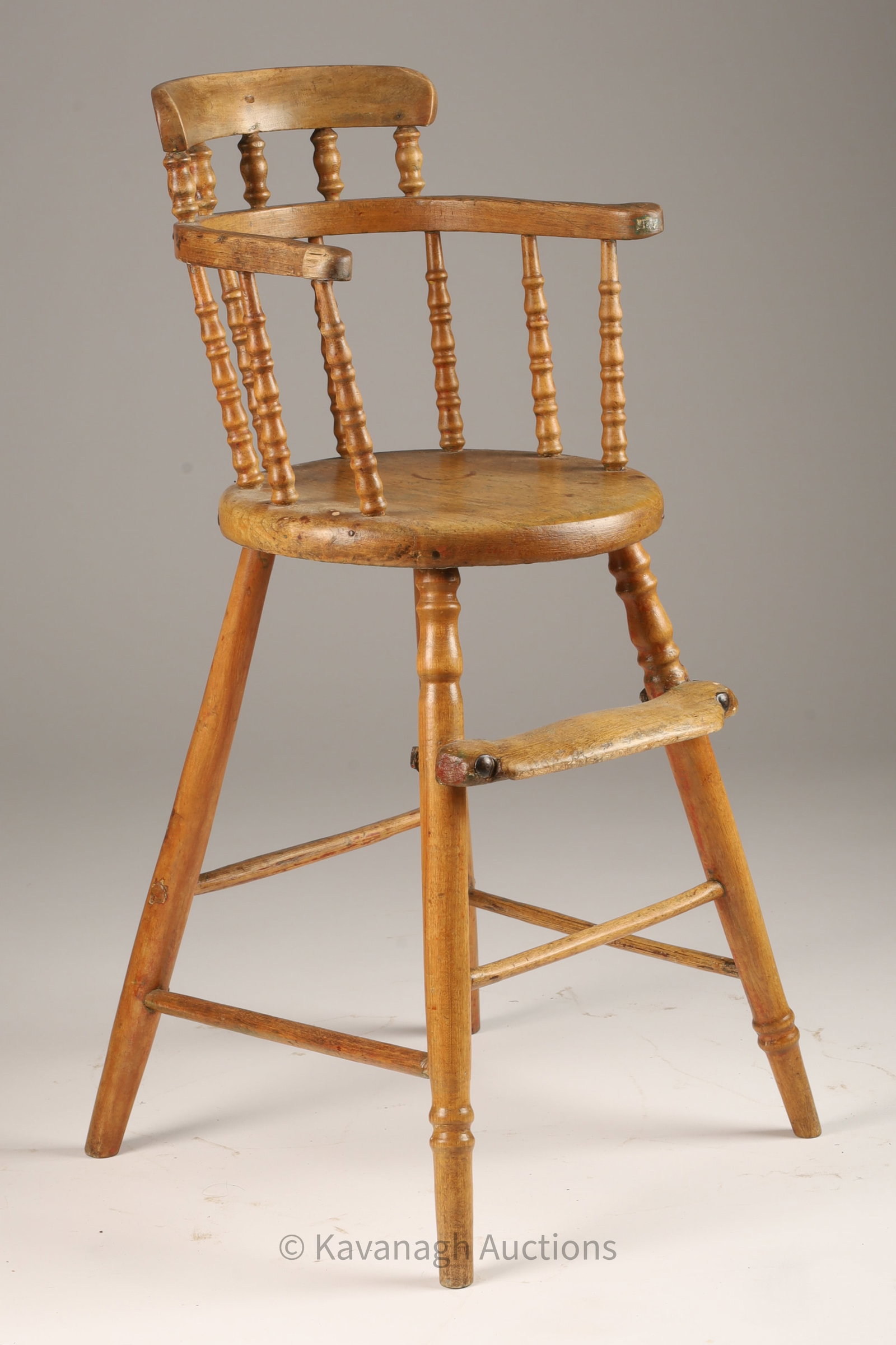 Antique Quebec Child's Turned Spindle High Chair: Antique Quebec Child's Turned Spindle High Chair. 32 inches H x 13 W x 14 deep, seat height 20 inches.