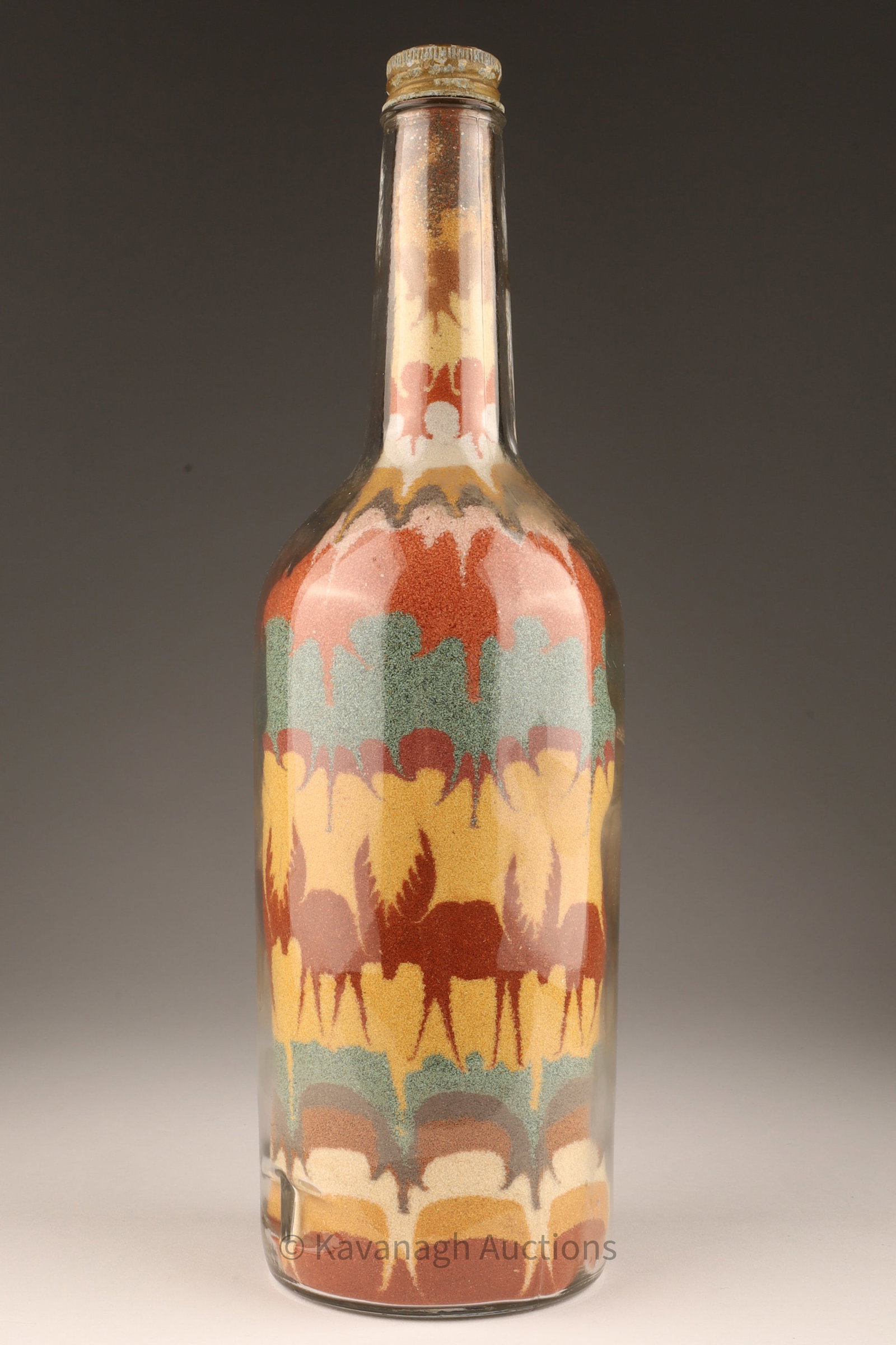 Folk Art Sand Art Sculpture in Glass Bottle: Folk Art Sand Art Sculpture in Glass Bottle. 12 inches H.