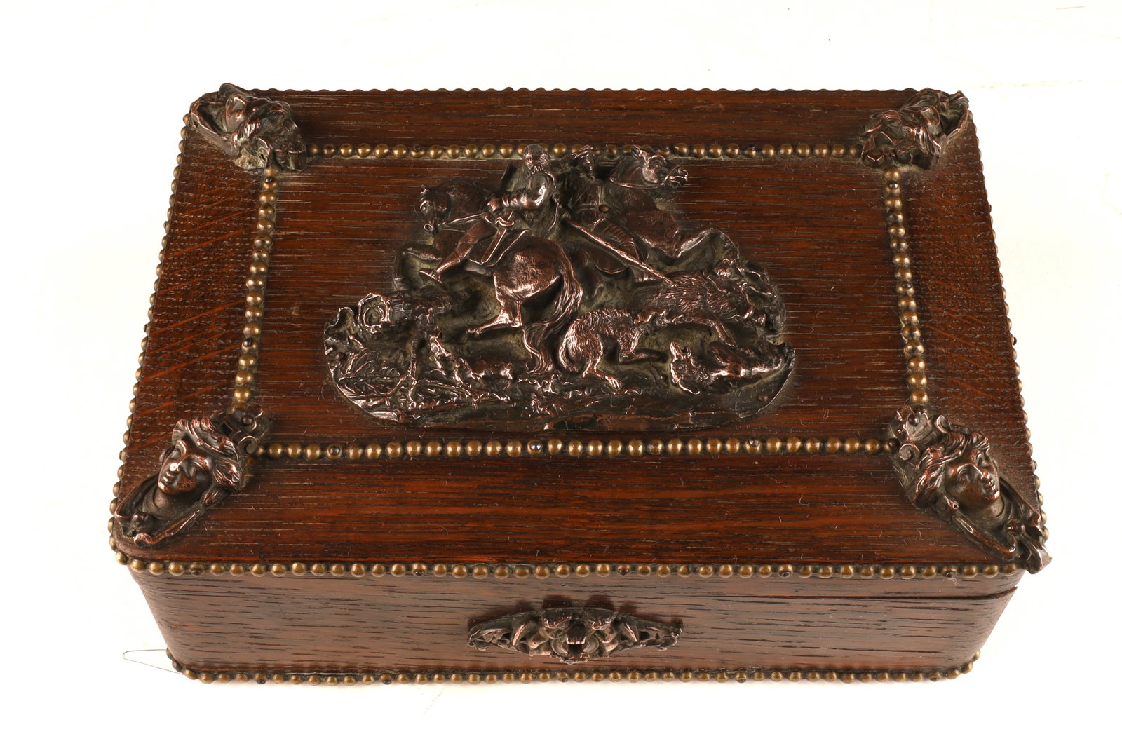 19th C Oak Copper French Empire Jewelry Box: Antique 19th C Oak Copper French Empire Jewelry Box with Hunt Scene and masks. 7 inches W x 5 deep x 2.5 H.