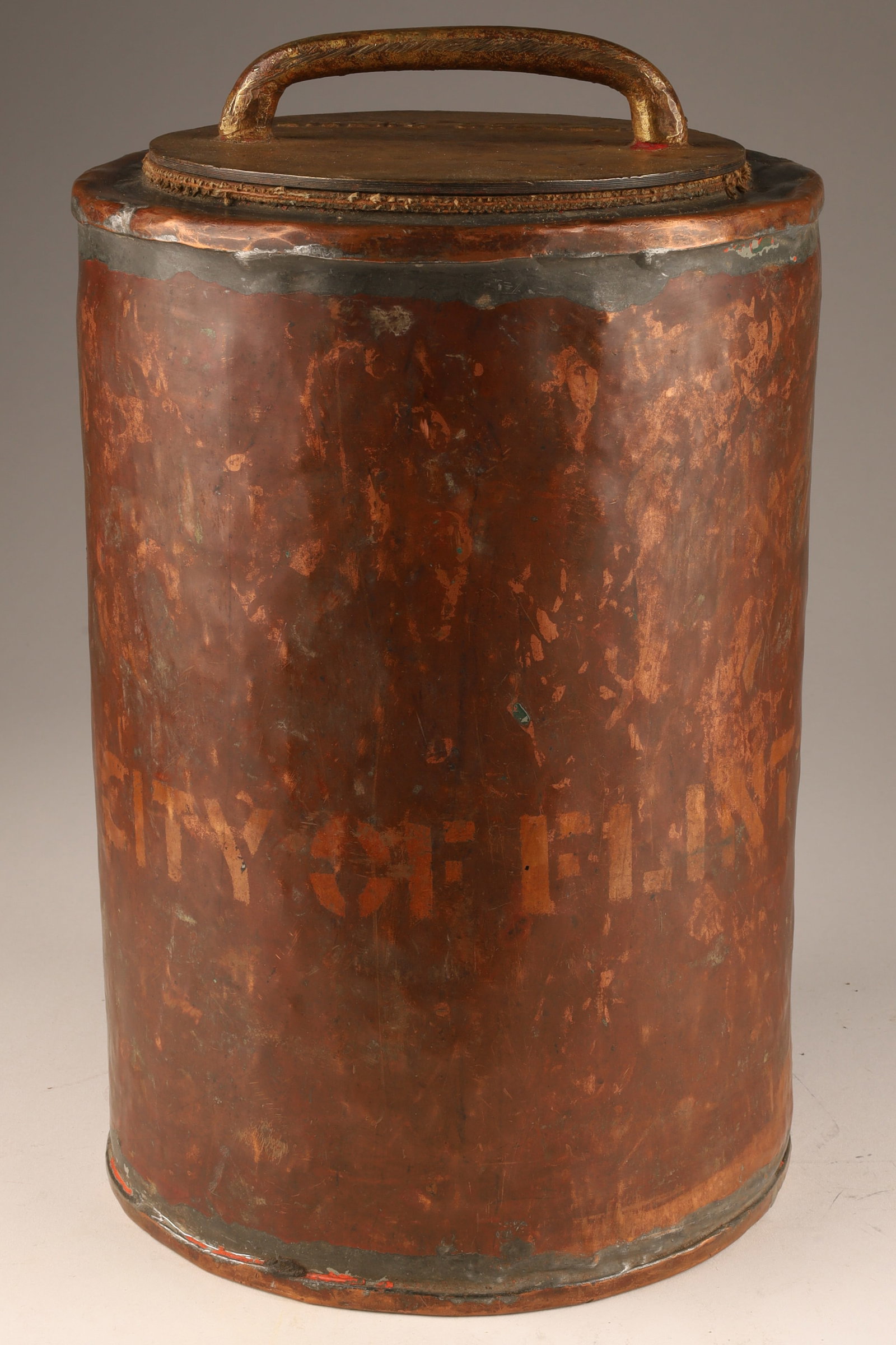 WWI Copper Lifeboat Flare Canister Flint, MI: WWI Copper Lifeboat Flare Canister Stencilled City of Flint, Michigan. Brass lid emblazoned with Distress Outfit. 12 inches H x 7 W.