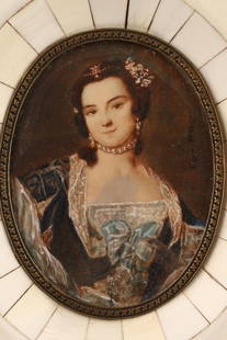 Antique Portrait Miniature Noble Lady Carriera: Antique finely painted portrait miniature of a European noble lady, signed Carriera, after Rosalba Carriera (Italy, 1673 - 1757) set in decorative frame, the reverse covered in old book page with Germ