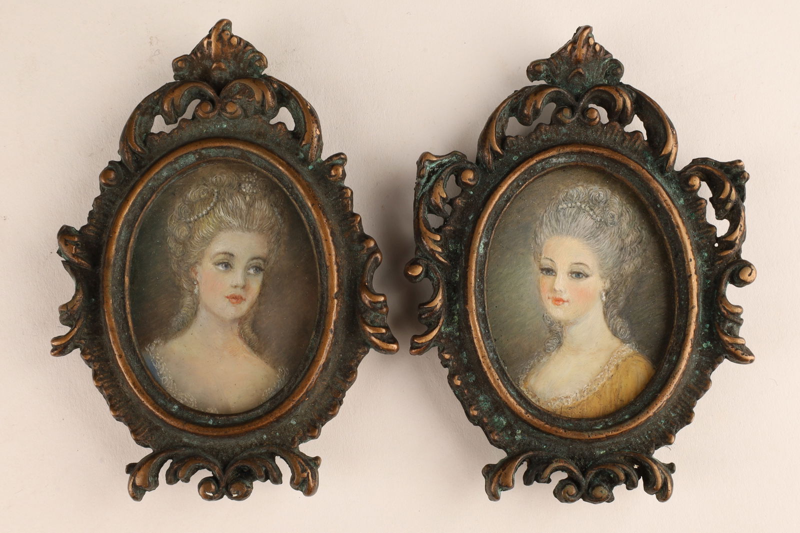 Pair Antique Miniature Painting Portraits, Ladies (1 of 5)
