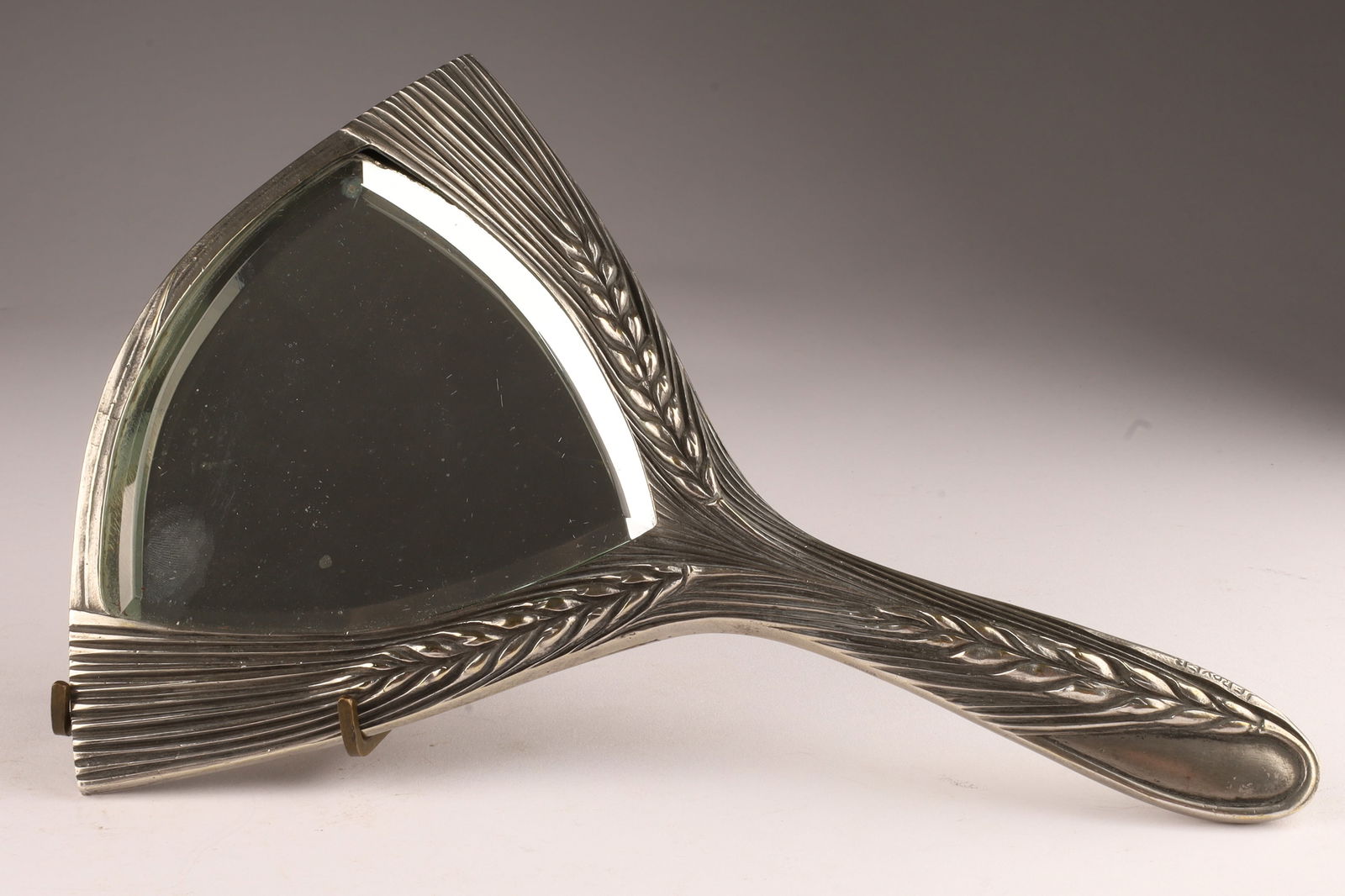 C. 1900 Art Nouveau Wheat Hand Mirror by LEROYER: C. 1900 Art Nouveau Wheat Sheaves Hand Mirror by LEROYER. 6.75 inches W x 9.5 L. Signed on handle.