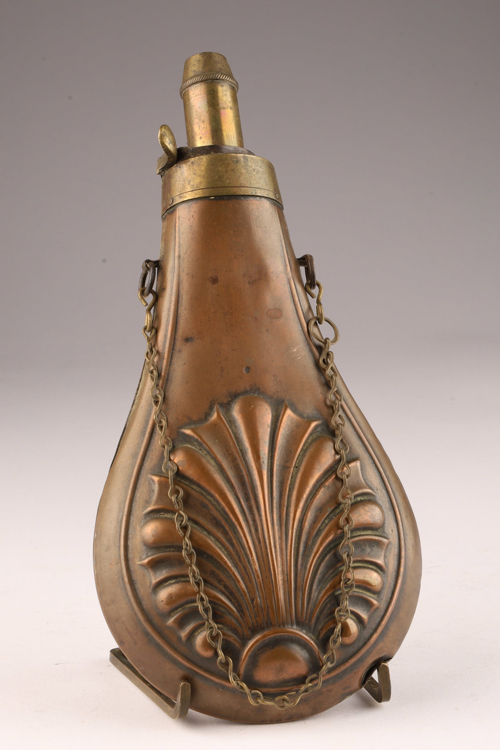 Antique Copper Brass Gun Powder Bottle Flask: Antique Copper and Brass Gun Powder Bottle Flask with Repousse design. 7.5 inches L x 3.5 W.