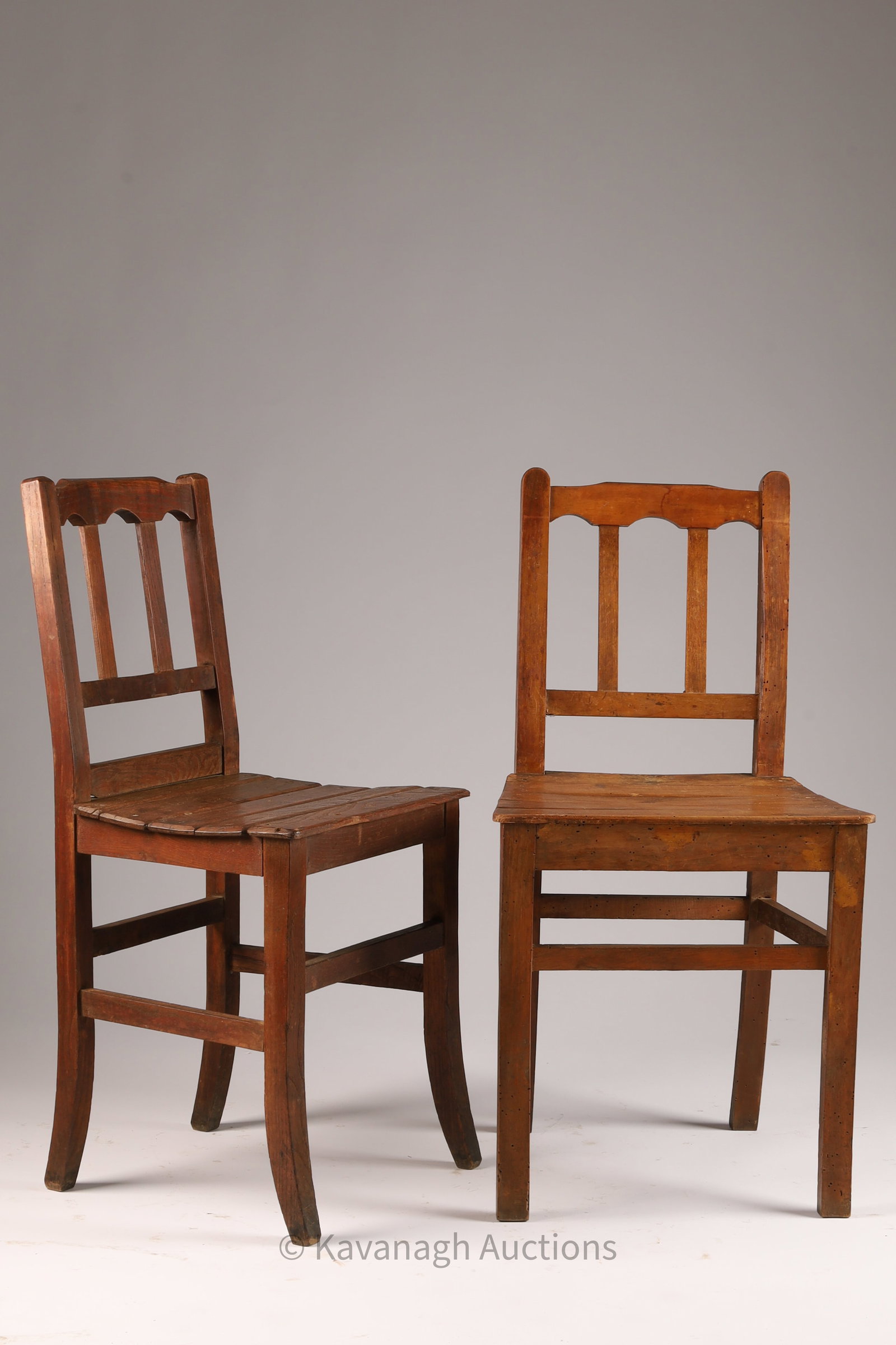 Pair of Antique Country Ash Slatted Seat Chairs: Pair of Antique Country Ash Slatted Seat Chairs. 33 inches H x 14 deep x 17 W, seat height 17.5 inches. Old wormwood.