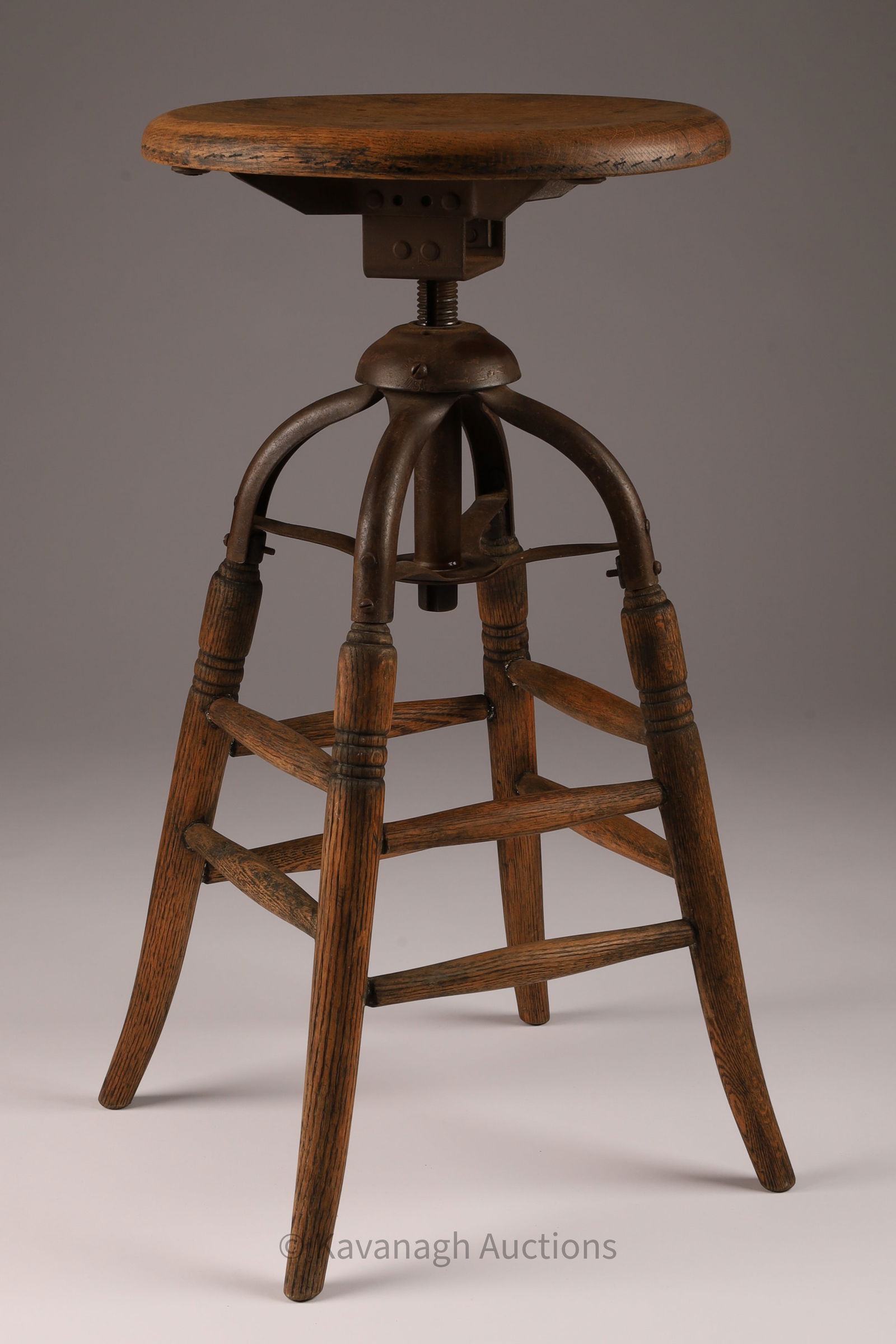 Antique Industrial Oak and Steel Adjustable Stool (1 of 4)