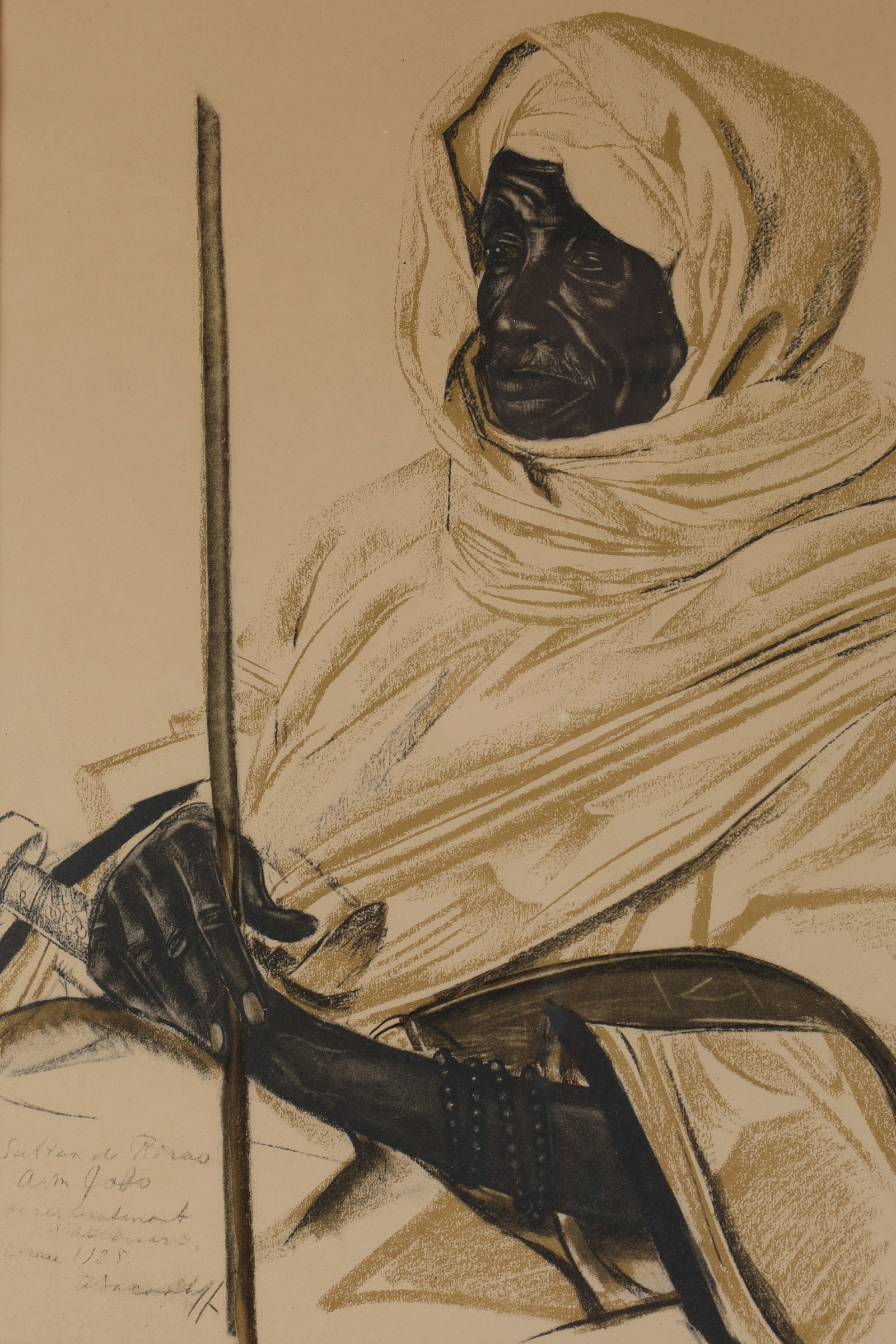 Alexander Iacovleff Portrait Sultan de Birao 1927: Alexander Iacovleff (1887-1938) Portrait of Sultan de Birao Paris 1927. From Dessins Et Peintures D'afrique. Image measures 14.5 inches H x 10.25 W within matting, frame measures 21 x 17 inches.