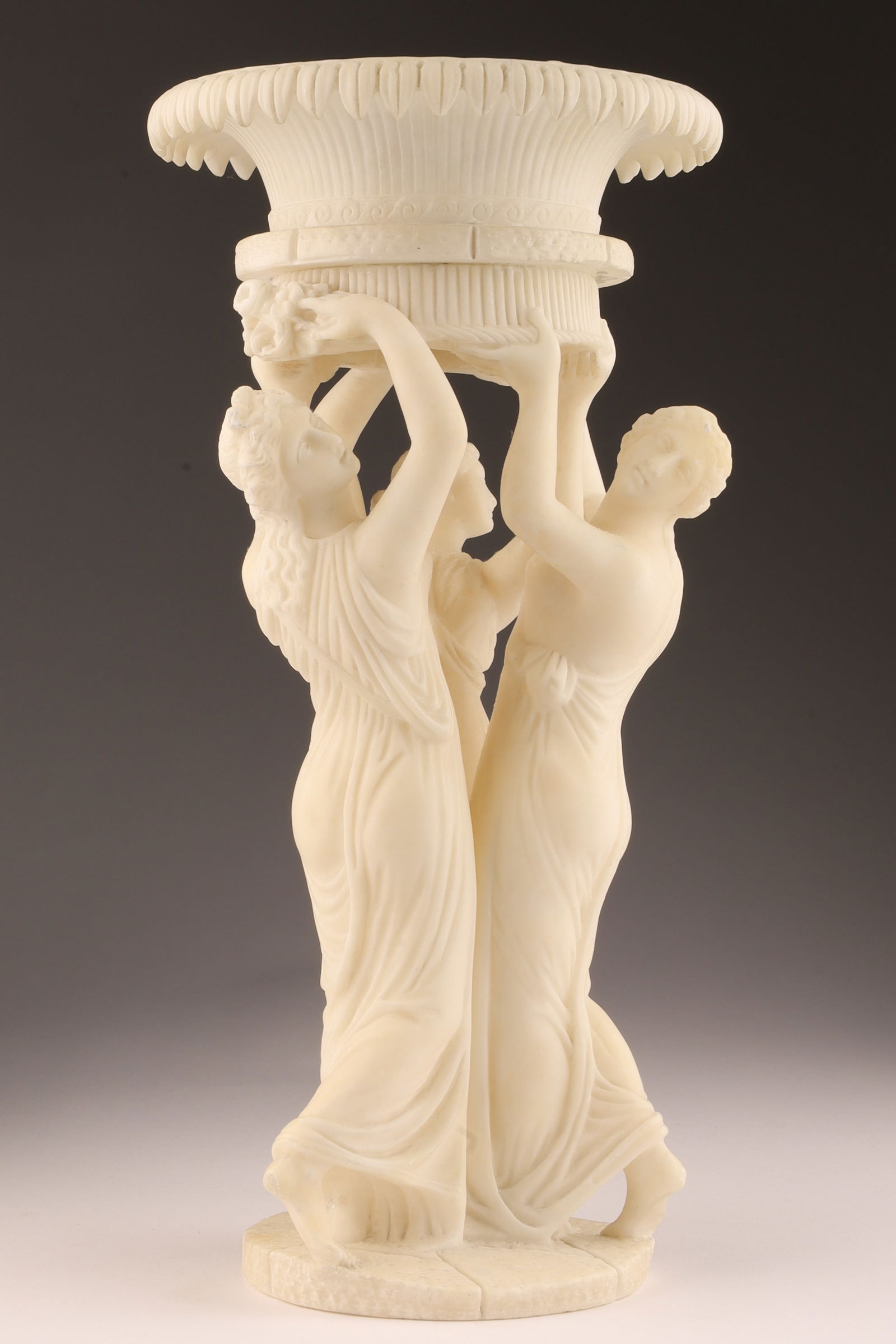 19th C Alabaster Neoclassical 3 Graces Centrepiece: 19th C Alabaster Italian School Neoclassical 3 Graces Centrepiece / Pedestal Bowl. 13 inches H x 6.5 W.