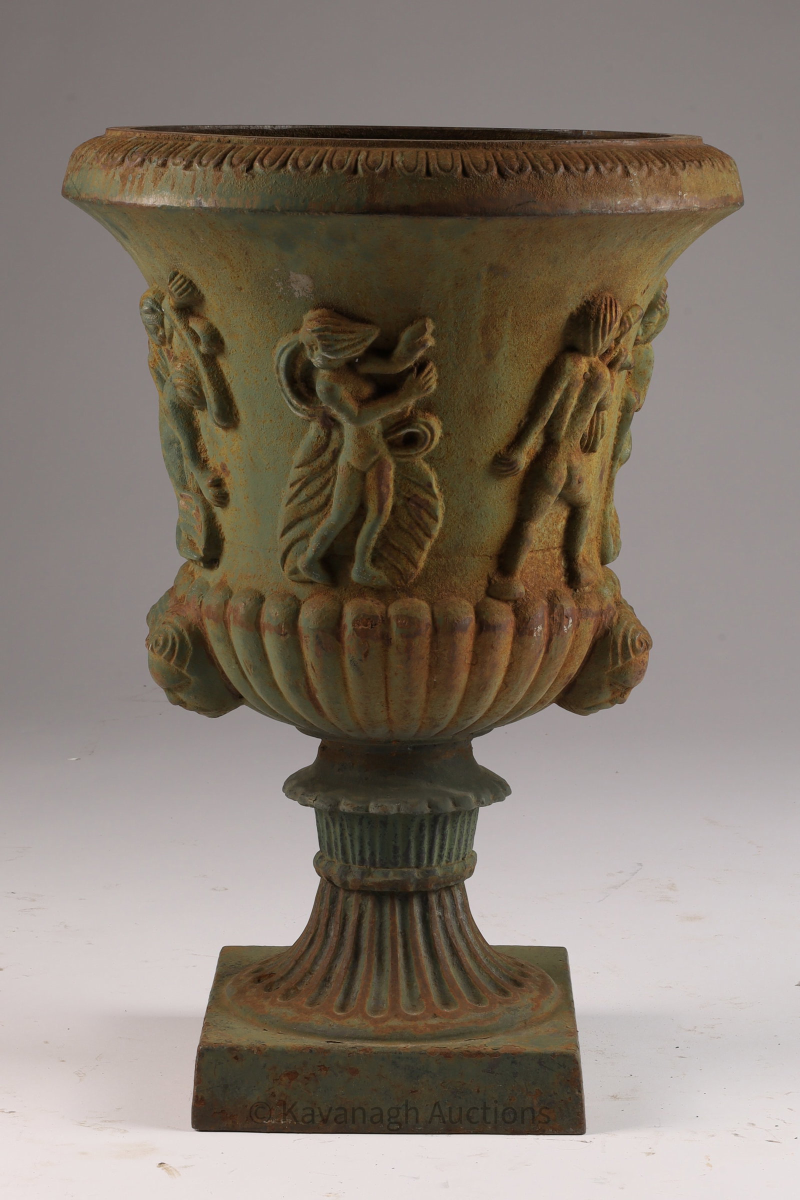 Antique Cast Iron Medici Garden Urn Figural Frieze: Antique Louis XIII Style Medici Cast Iron Garden Urn decorated with nude figures, old green paint. 21 inches H x 14 diameter.
