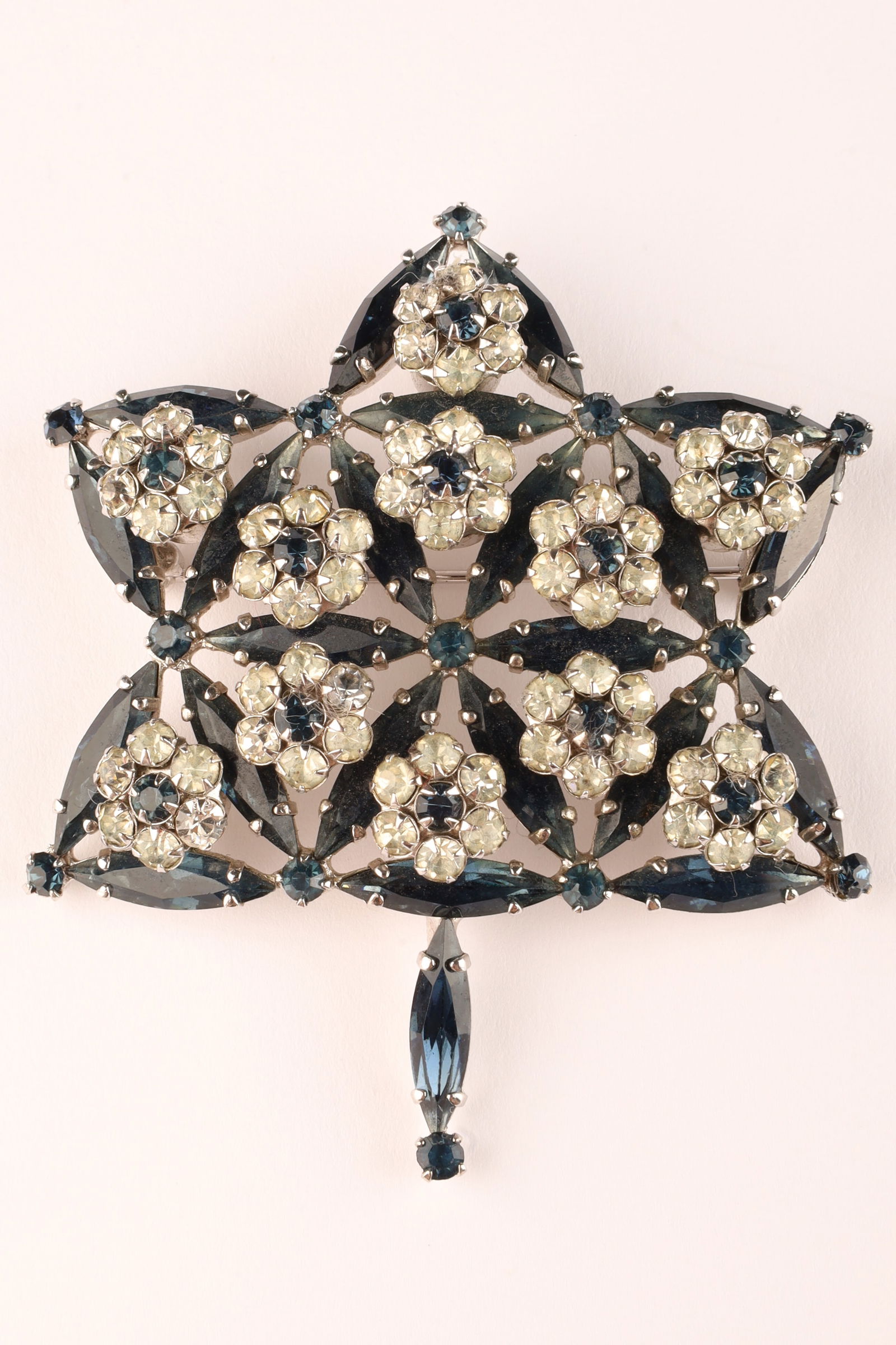 1967 Sherman Canadian Centennial Rhinestone Brooch: Signed 1967 Sherman Canadian 100 Year Anniversary Centennial Blue Rhinestones Maple Leaf Brooch. 2.75 inches H x 2.25 W.