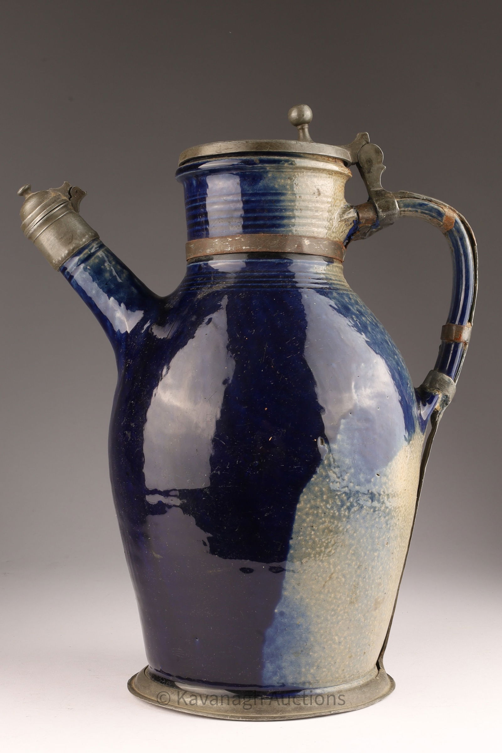 Antique Blue Glaze Stoneware Pitcher Pewter Mounts (1 of 6)