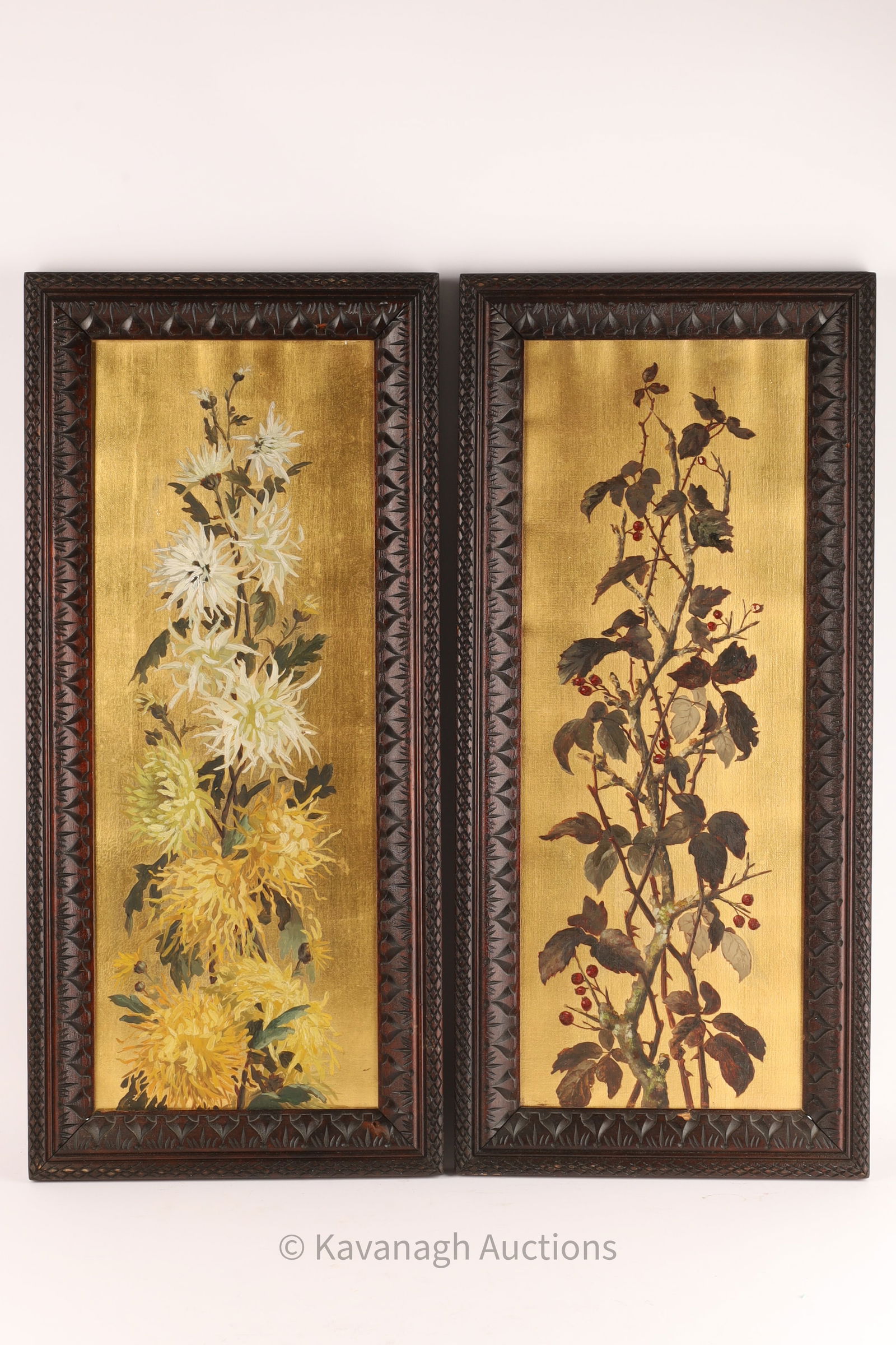 Pair Victorian Still Life Paintings, Gilt Flowers (1 of 5)