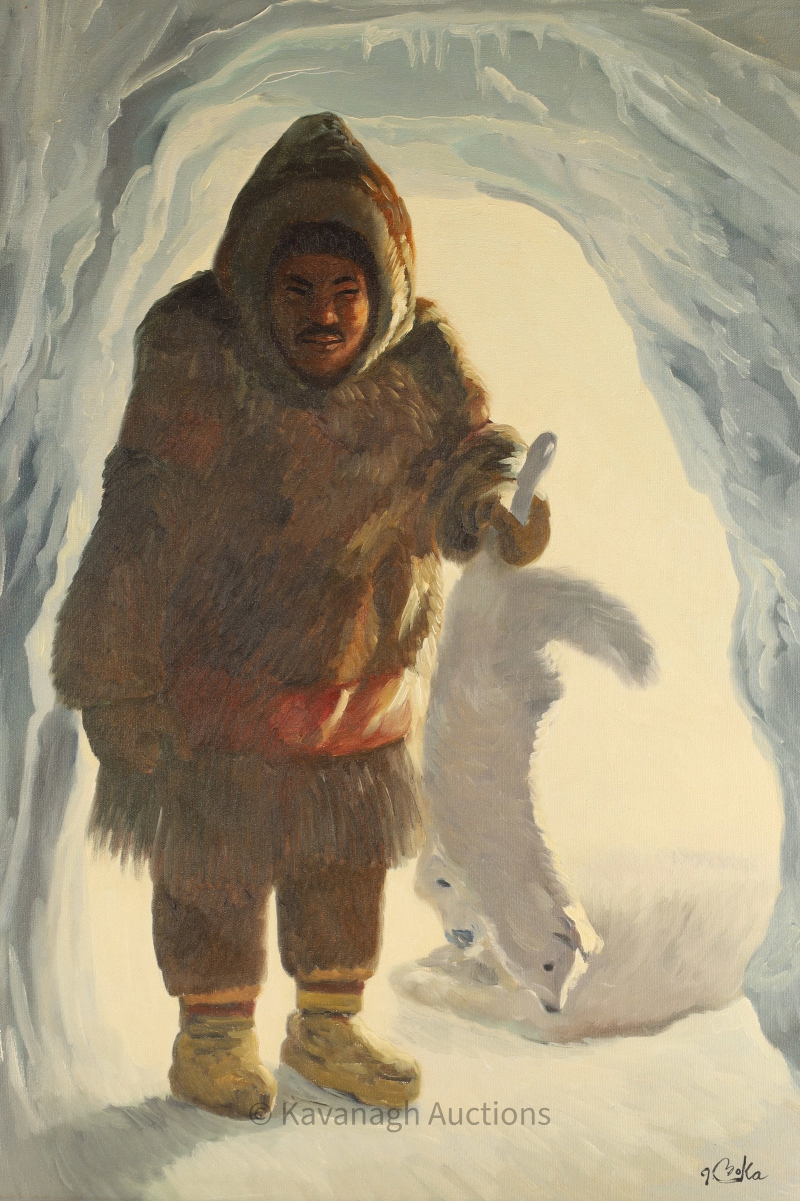 Georges Boka Oil Painting Inuit Hunter Portrait: Georges Boka (Canadian, b. 1939) Oil on Canvas Inuit Portrait of a Hunter. Signed lower right, written on verso, retour du chasse, return from hunting. Canvas measures 22 inches W x 28 H, frame measur