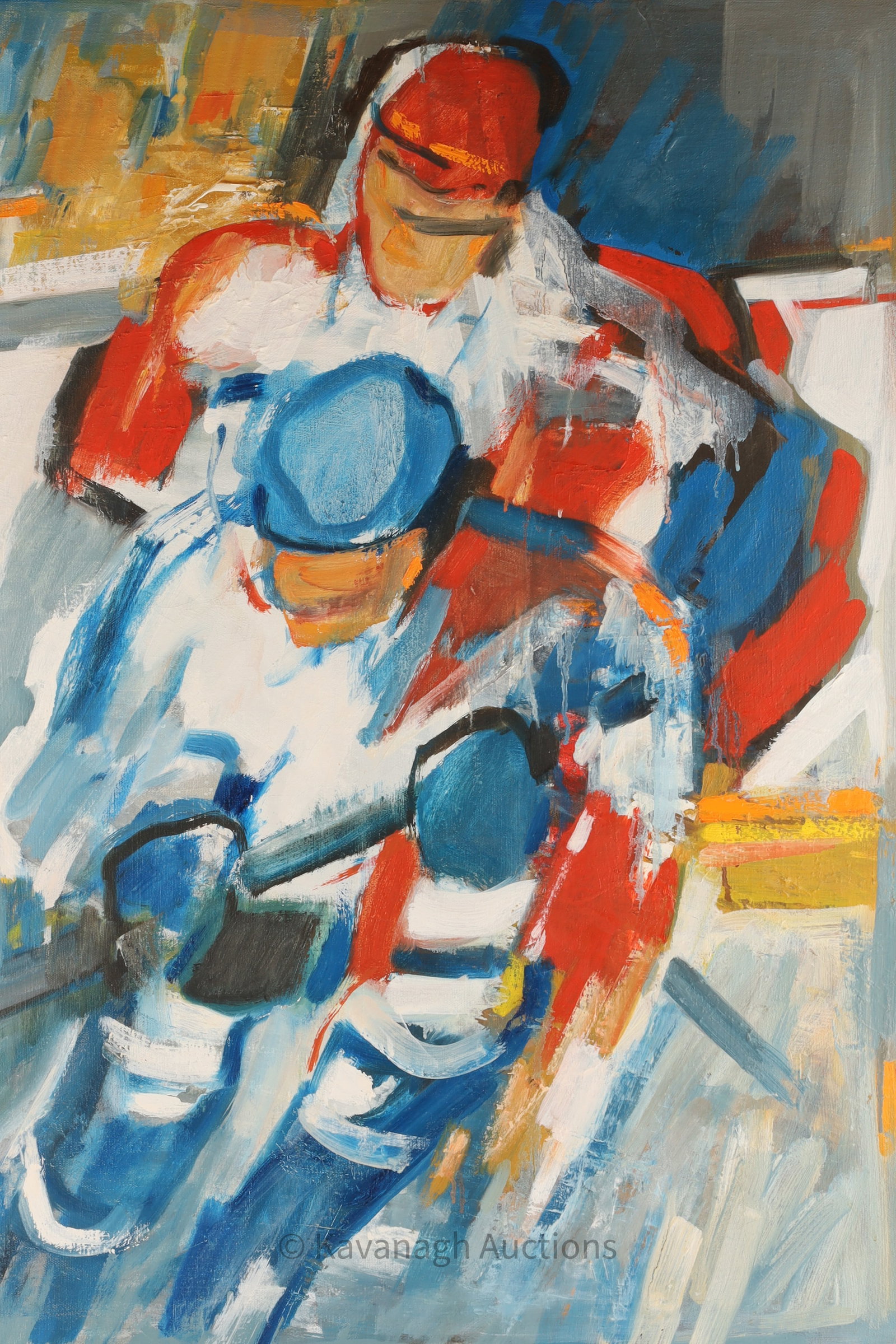 Richard Billmeier Impressionist Painting Hockey: Signed Richard Billmeier (Germany-Canada, b. 1921) Oil on Canvas Impressionist Hockey Players. 32 inches H x 24 W. Signed upper left.