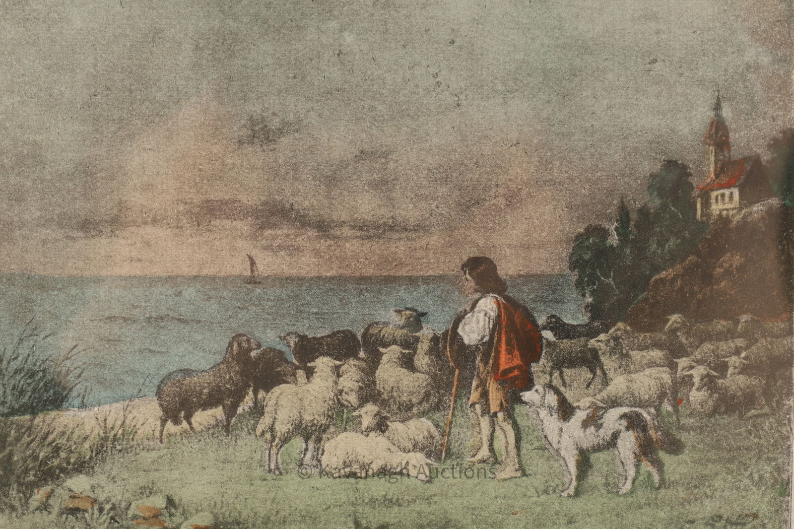 Antique European Coloured Shepherd Engraving Frist (1 of 5)