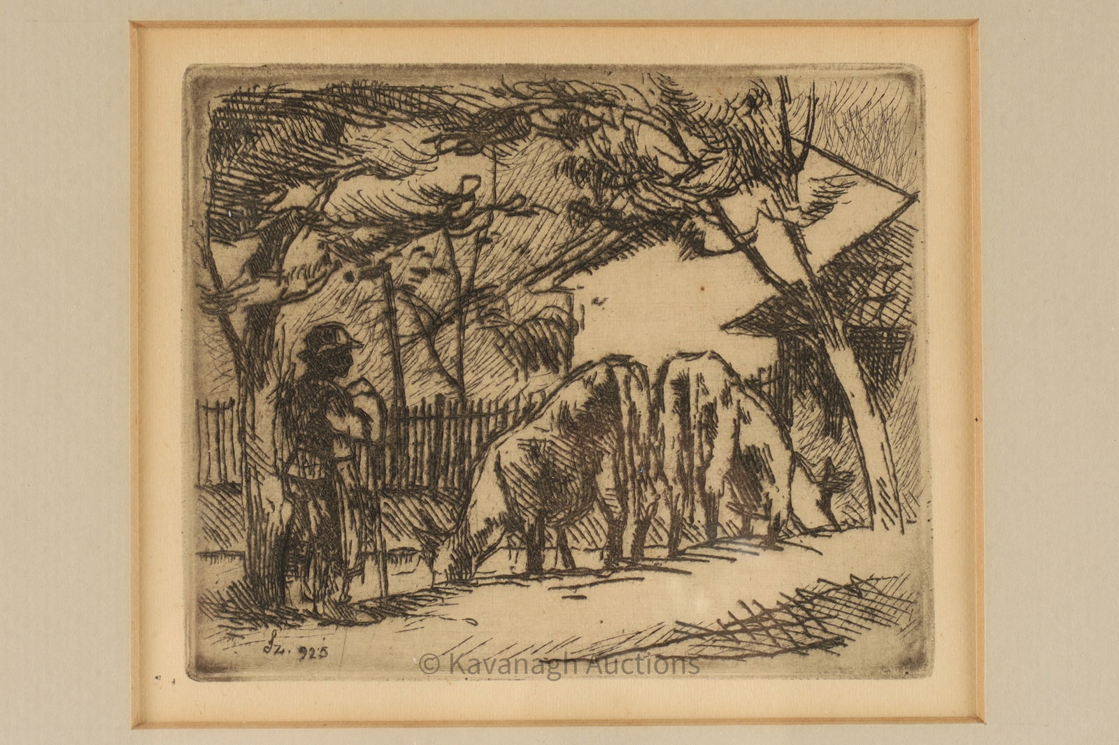 Antique Engraving Man with Cattle Signed LZ: Antique Engraving Man with Cattle Signed LZ within plate. Image measures 3.25 inches H x 3.75 W, frame measures 10 x 10 inches.