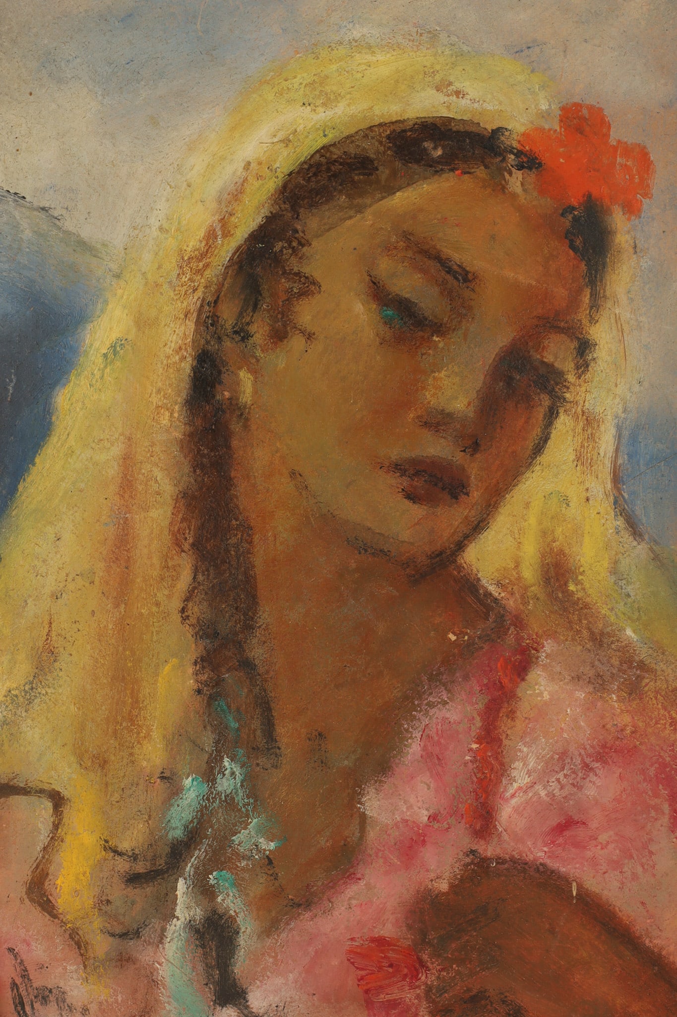 MCM Greek Female Portrait Painting Signed Nikos 53: Mid Century Impressionist Greek Female Portrait Painting Signed Nikos Likoudis (?) 1953. Signed on verso, painted on board. Painting measures 9.75 inches H x 7 W, frame measures 13.5 x 10.75 inches.