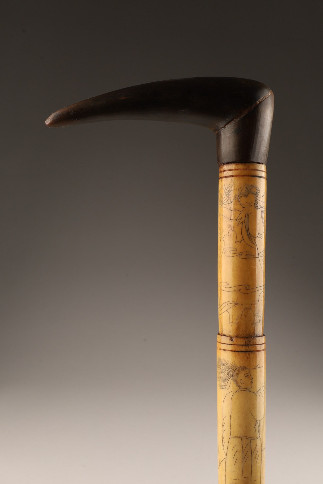 Antique Chinese Carved Bone and Horn Walking Stick: Antique Chinese Carved Bone and Horn Walking Stick Cane with figures incised in registers. 33.5 inches L.
