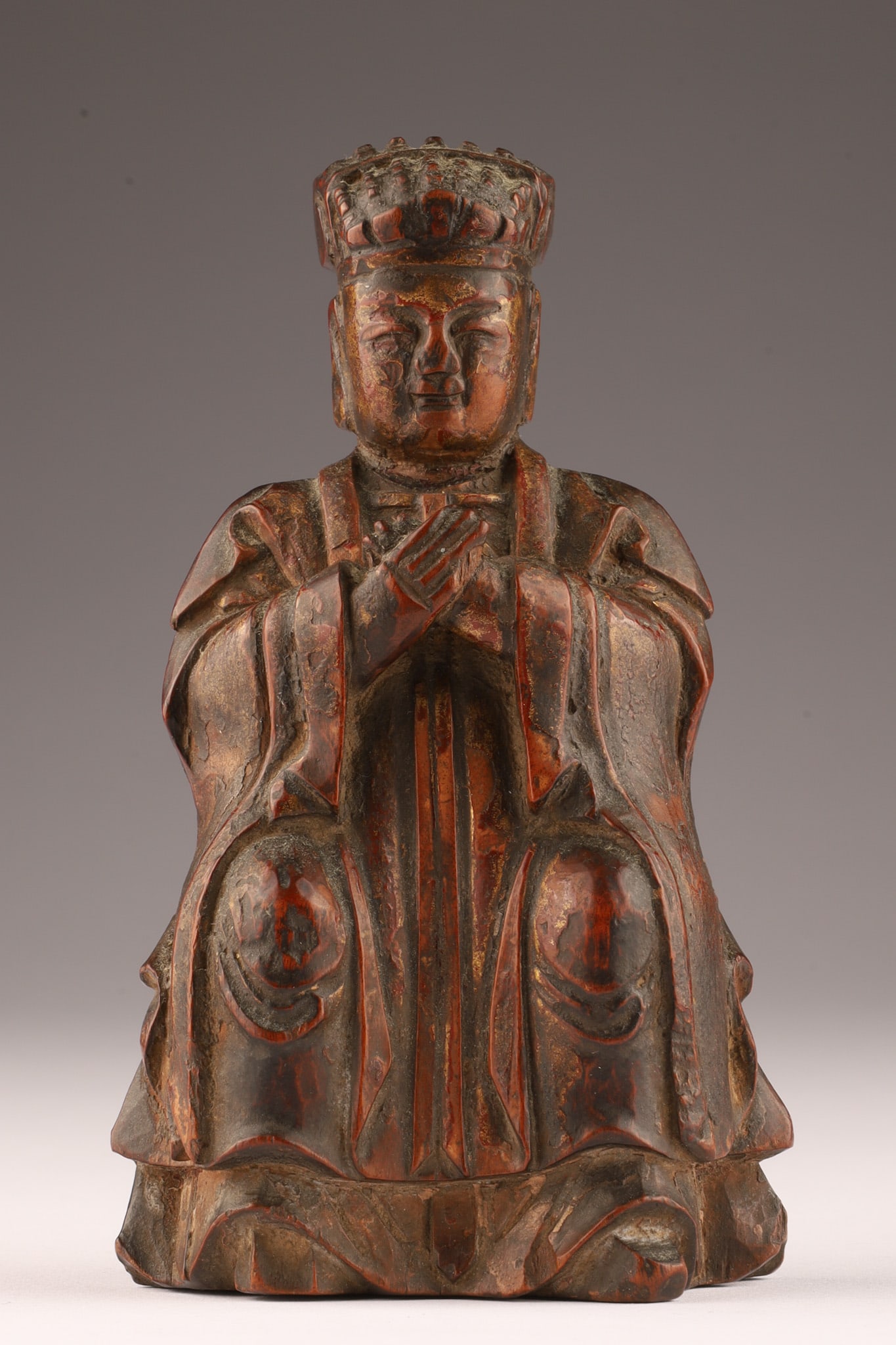 Antique Chinese Gilt Wood Daoist Seated Figure: Antique Chinese Gilt Carved Wood Daoist Deity / Seated Figure, Wenchang Wang. 4.5 inches H x 2.5 W.
