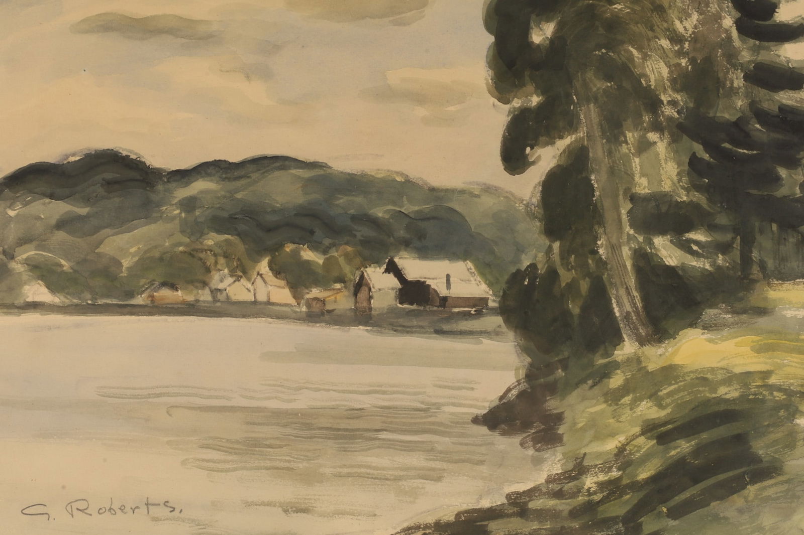 William Goodridge Roberts (Canada, 1904-1974) Watercolour Lakeshore Cottages: William Goodridge Roberts (Canada, 1904 - 1974) Watercolour Landscape depicting Cottages on a Lakeshore. Signed lower left. 12 inches H x 15.25 W within matting, frame measures 20 inches H x 22.5 W.