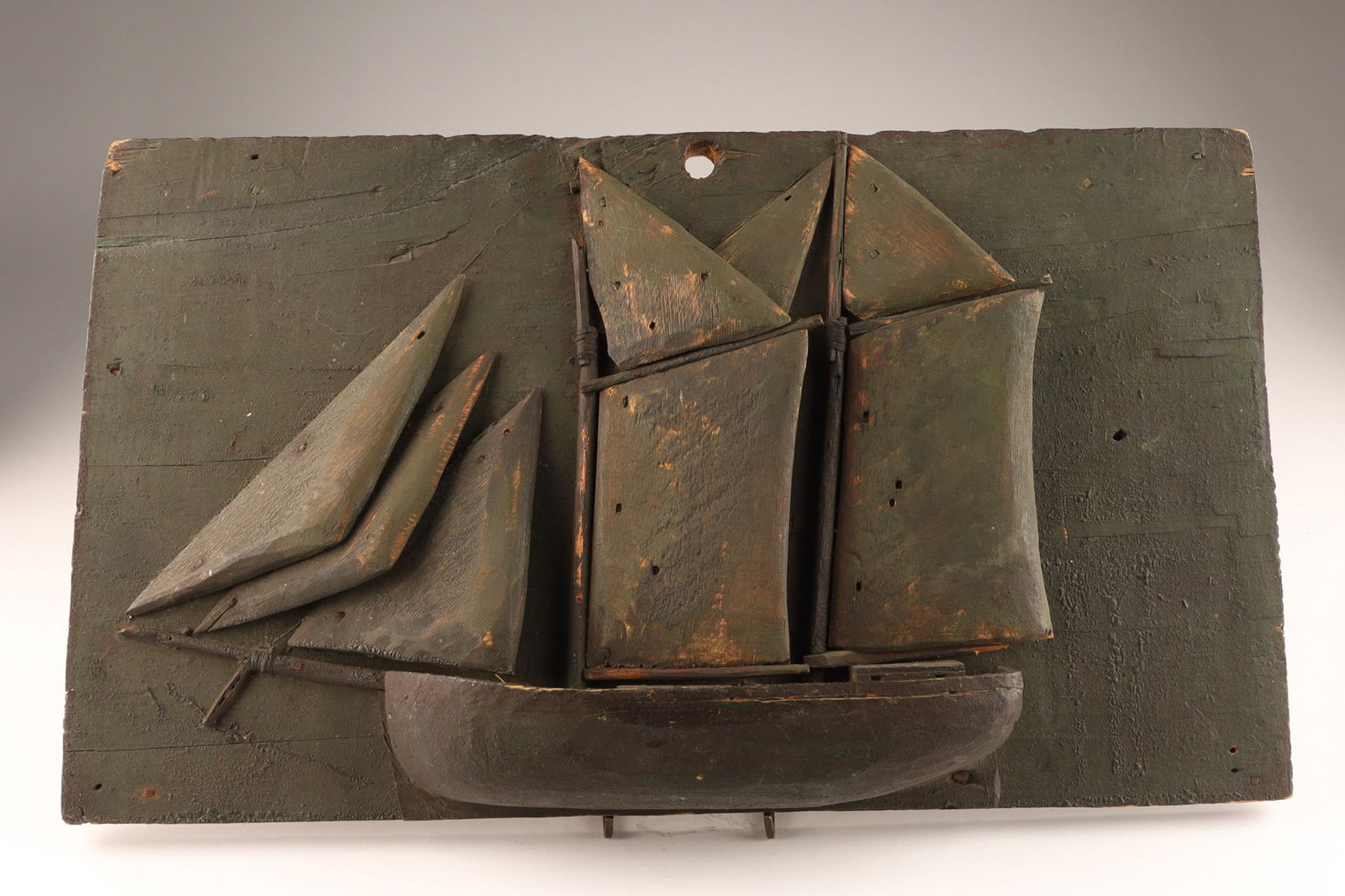 Folk Art Newfoundland Diorama Schooner on Board: Folk Art Maritime Newfoundland Canadiana Diorama of a Schooner Sailboat on board, square nail construction circa late 19th C. 9.5 inches H x 16.5 W x 2.5 deep.