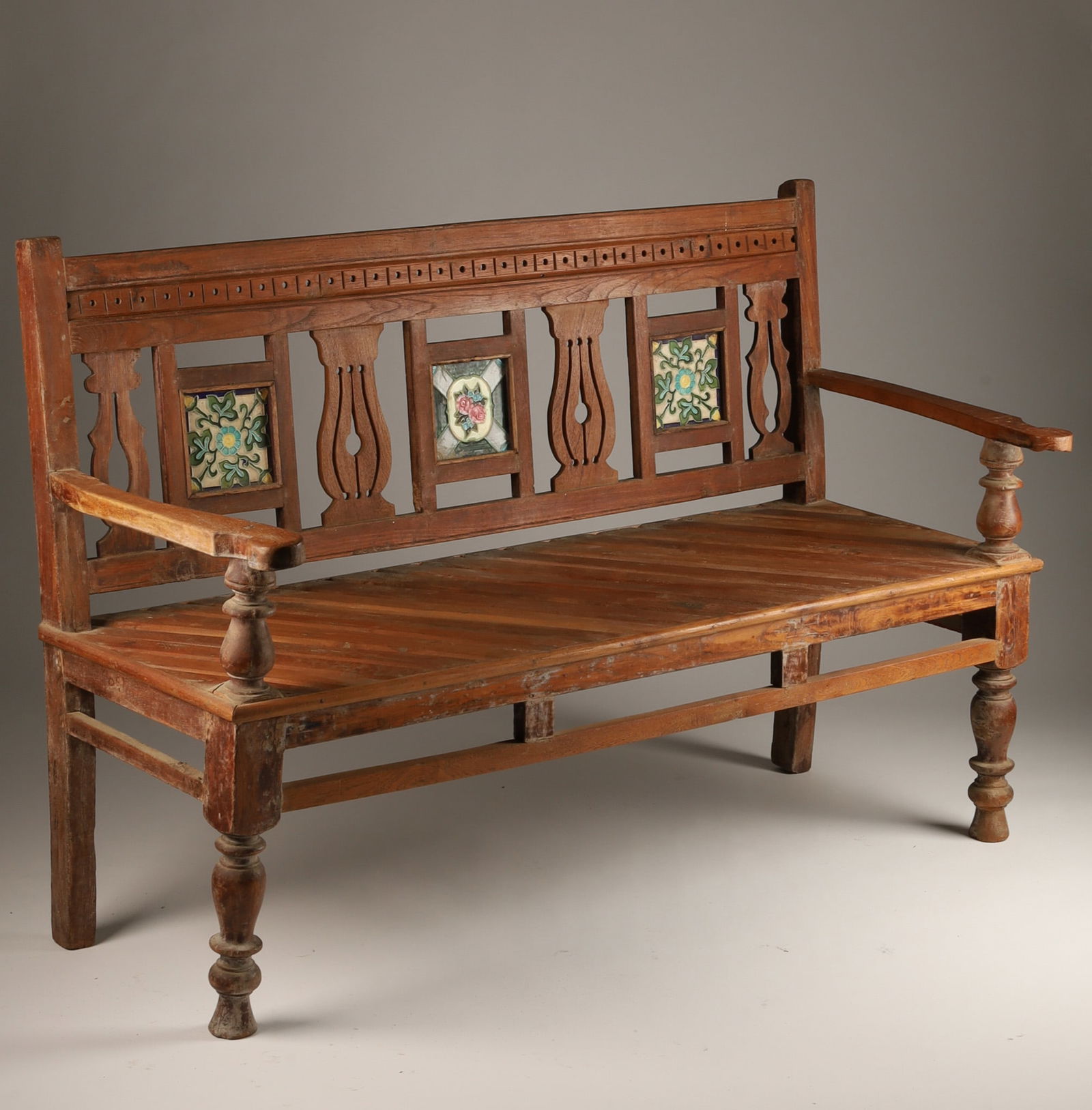Antique Anglo-Indian Teakwood and Tile Bench (1 of 10)