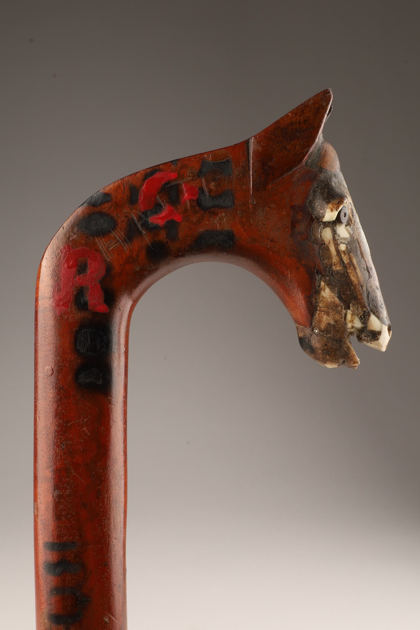 Folk Art Inlaid Horse Head Cane Walking Stick: Folk Art / Art Brut Carved Inlaid Bone Horse Head Cane Walking Stick. Inscribed Haiti, Boston, New York. Initialled R.G. 35 inches L.