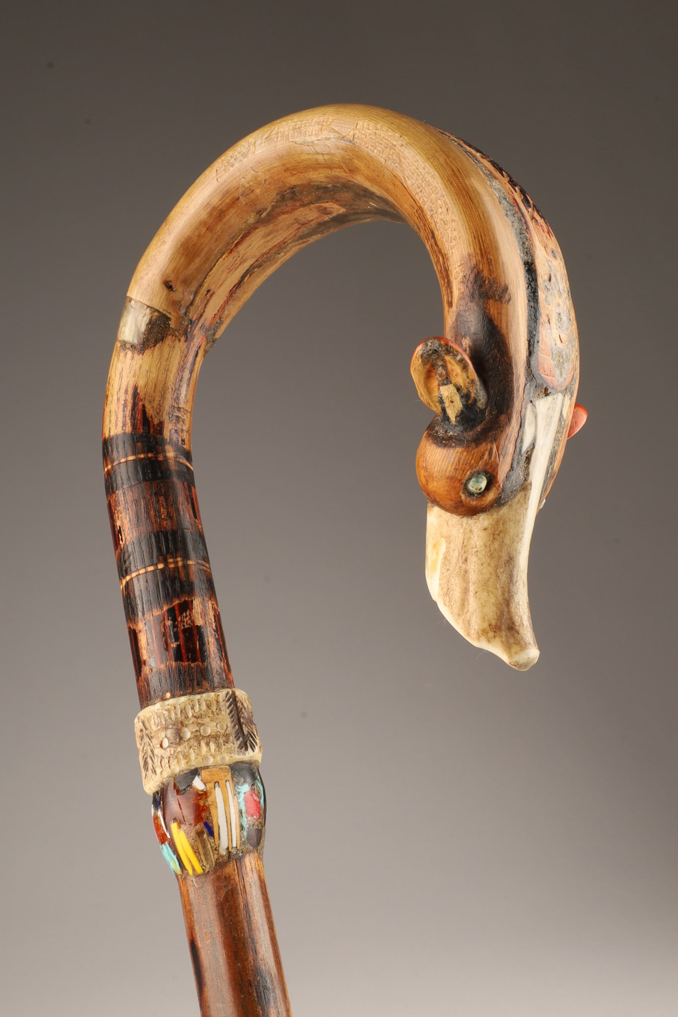 Folk Art Carved Bone Animal Head Walking Stick: Folk Art Carved Bone Dog / Animal Head Inlaid Walking Stick Cane. 39 inches L.