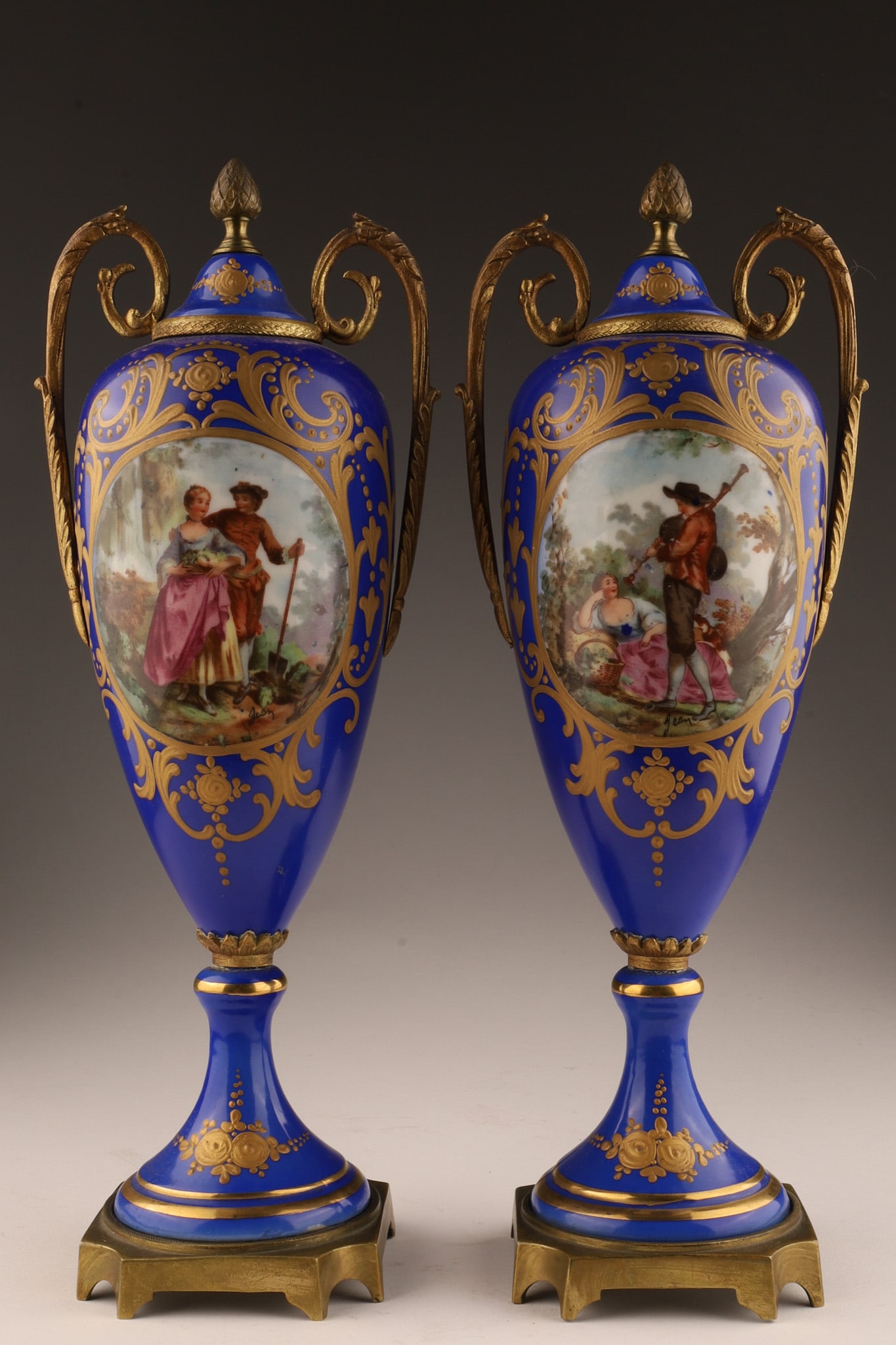 Pair 19th C French Sevres Cobalt Vases Signed Jean (1 of 8)