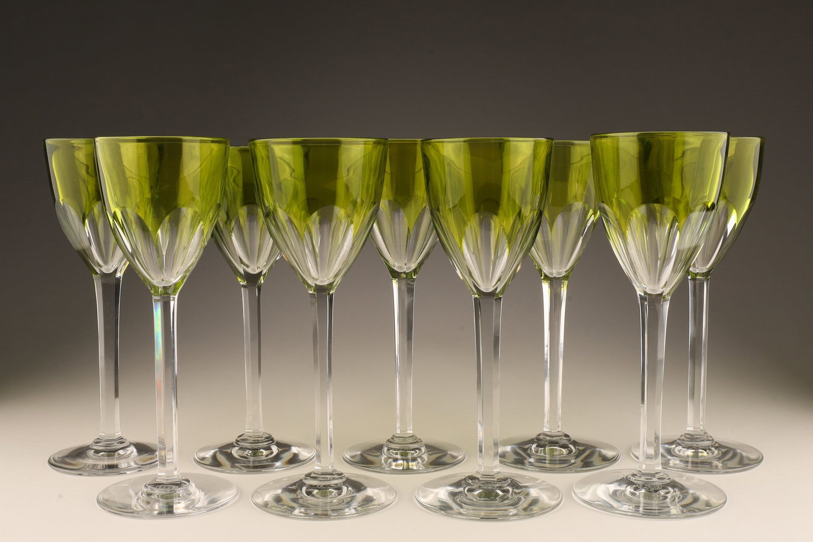 Set Baccarat Geneva Chartreuse Rhine Wine Glasses: Set of 9 Baccarat Geneva Chartreuse Rhine Wine Glasses. Marked on base. 7.5 inches H x 3 W at base.