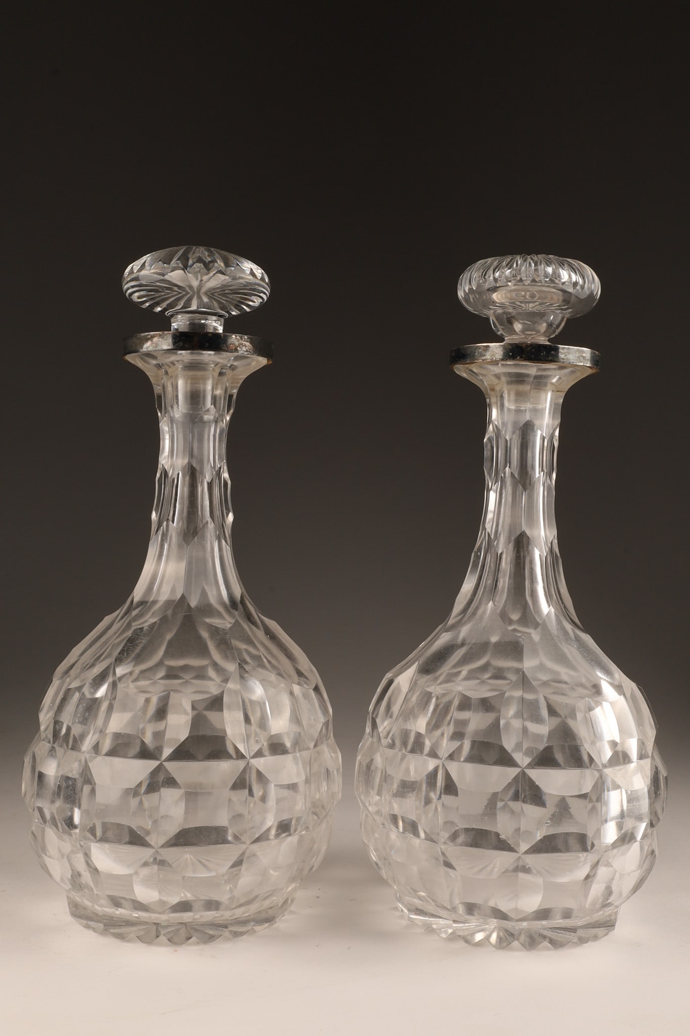 Pair Antique Cut Crystal Decanters / Silver Rims (1 of 6)