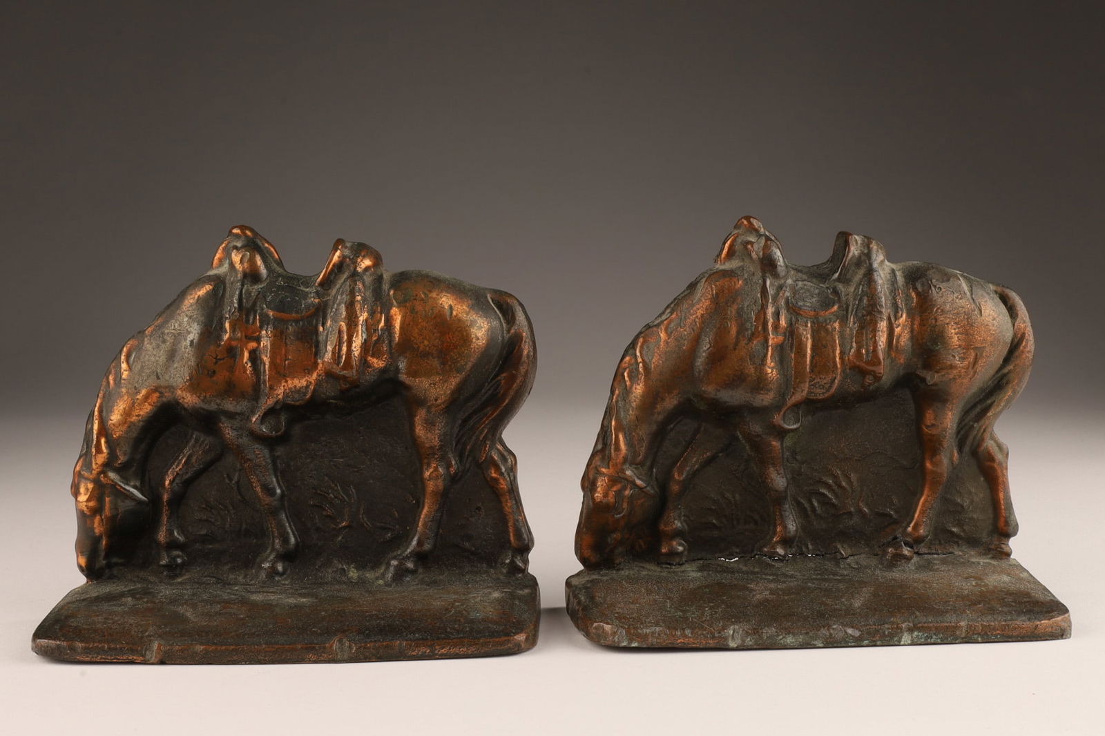 Equestrian Western Cast Copper Horse Book Ends: Equestrian Western Cast Copper Horse Book Ends. 4.5 inches H x 2.25 deep x 4.5 W.