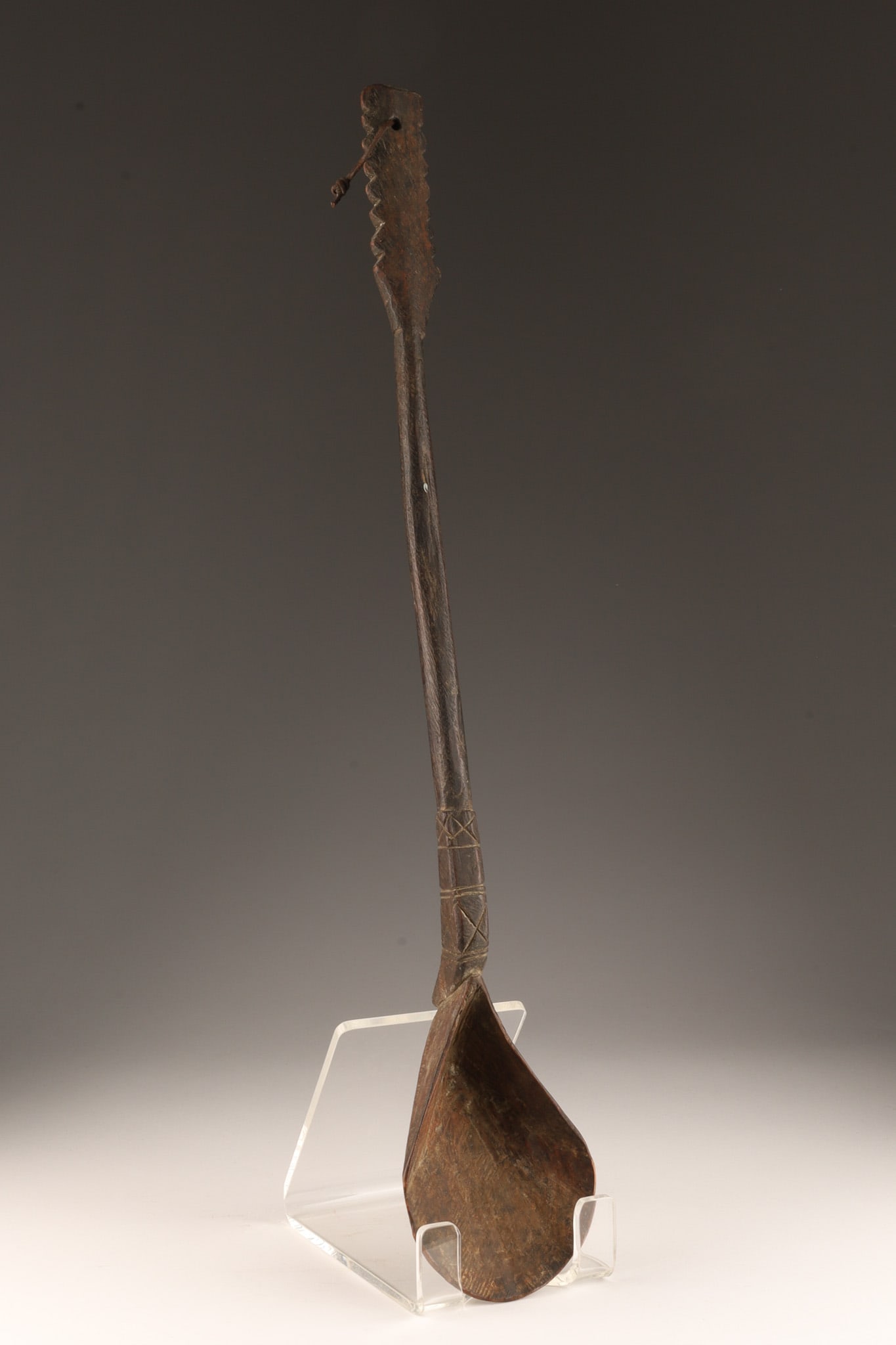 African Hand Carved Ceremonial Spoon Ladle: African Hand Carved Ceremonial Spoon Ladle with geometric engraved design. 26 inches L.