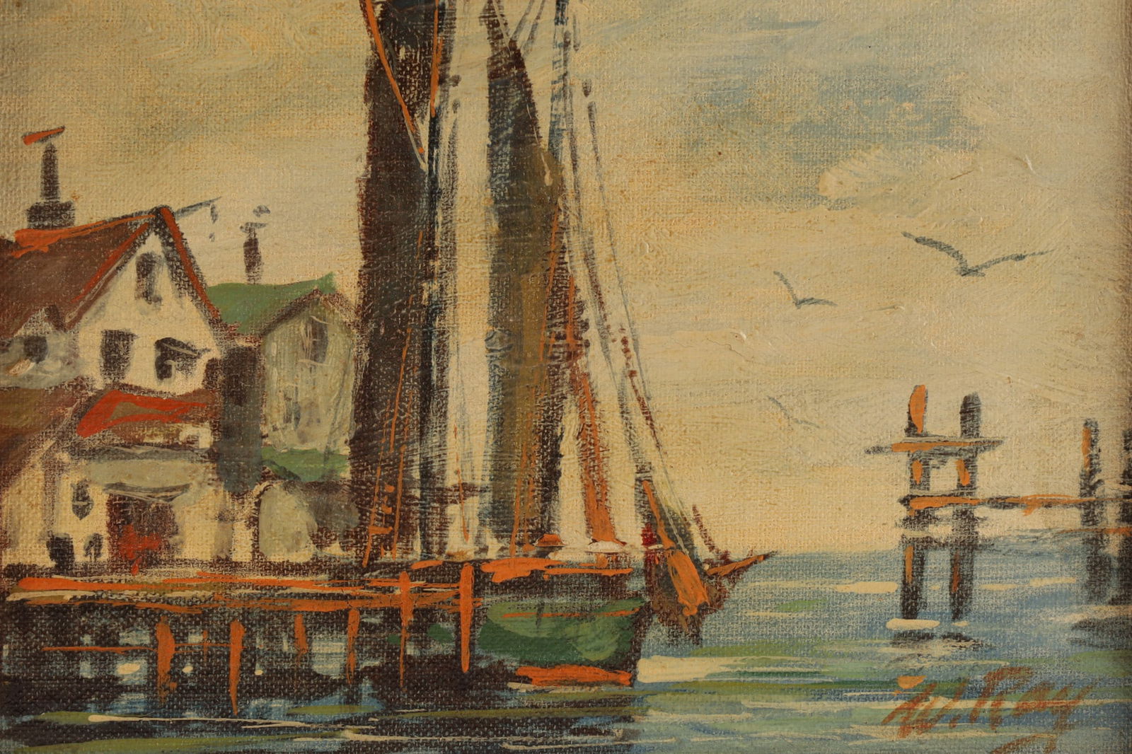 Signed W. Taylor Ray Oil Painting Harbour Scene (1 of 5)