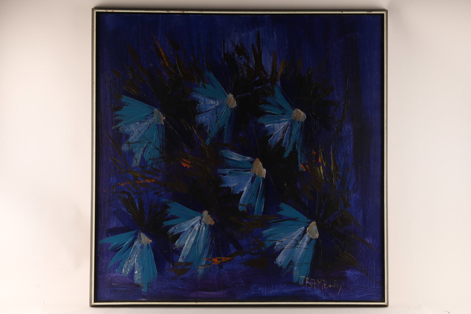 Jean Christophe Tramblay Oil Painting Blue Flowers: Large Jean Christophe Tramblay French Oil Painting on Canvas Impressionist Blue Flowers. Signed lower right corner. Framed, measures 37 x 37 inches.