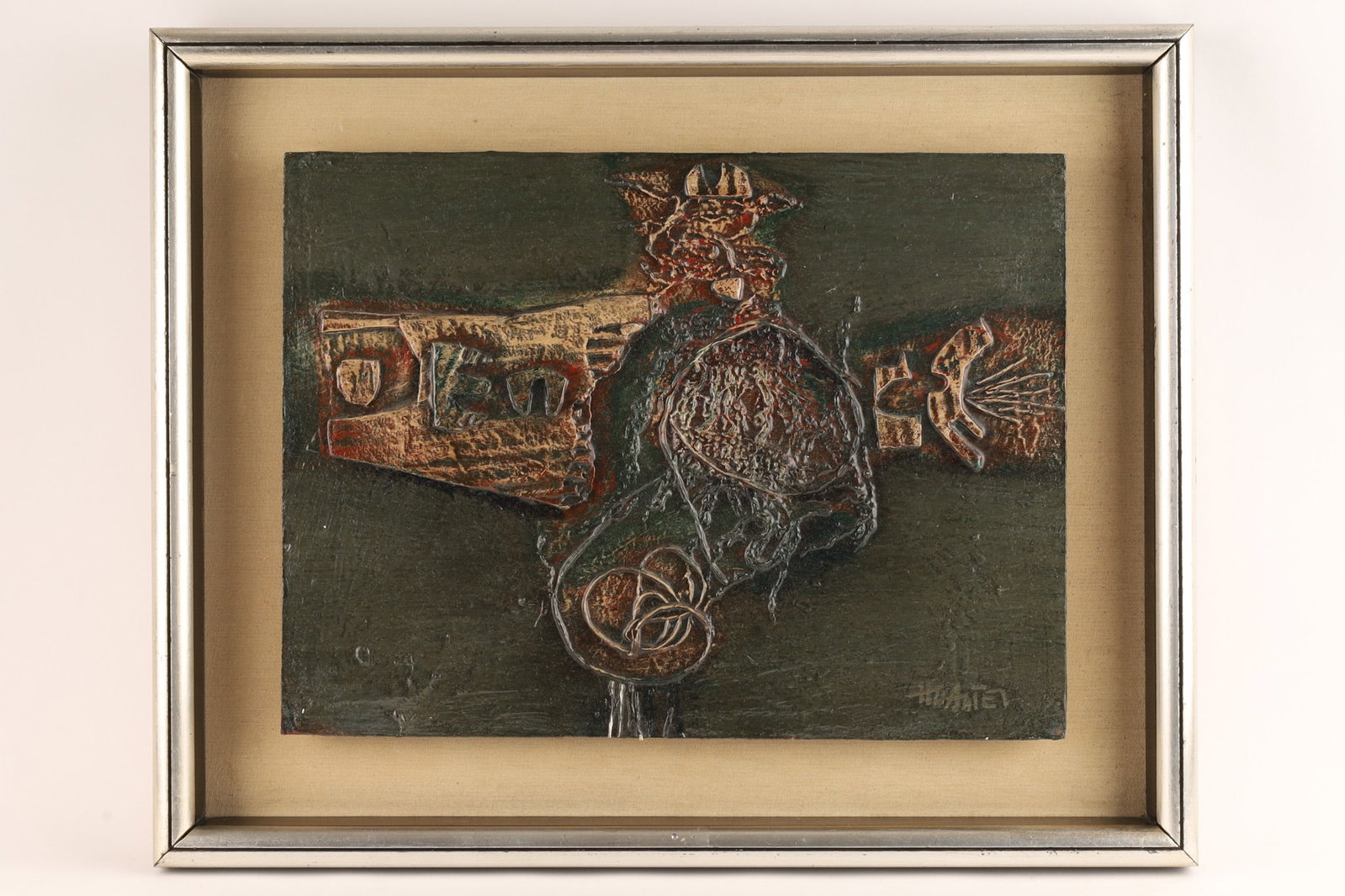 Abstract Surrealist Composition Signed Huantei: Abstract Surrealist Composition Oil on Board Signed Huantei. Board measures 12 inches H x 16 W, frame measures 17 x 21 inches. marked on verso Consignacion.