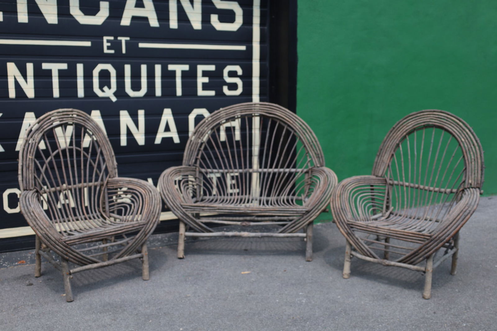 Set Bent Stick / Willow Garden Chairs Bench Signed (1 of 8)