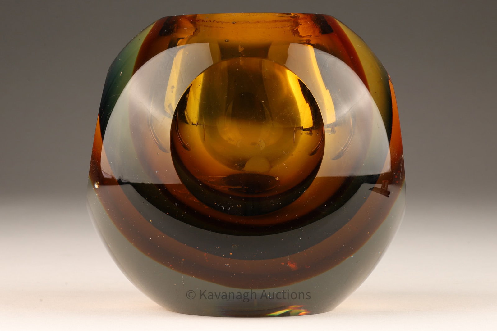 Murano Sommerso Faceted Art Glass Amber Vase: Murano Sommerso Faceted Art Glass Amber and Clear Vase. 4 inches H.