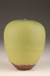 Rose Cabat Unique Feelie Studio Pottery Vase: Rose Cabat (American, 1914 -2015) unique studio pottery bulbous apple shaped vase from the Feelie line, with a apple green glaze with deeper blue hues at the top dripped over a brown pottery form, sig