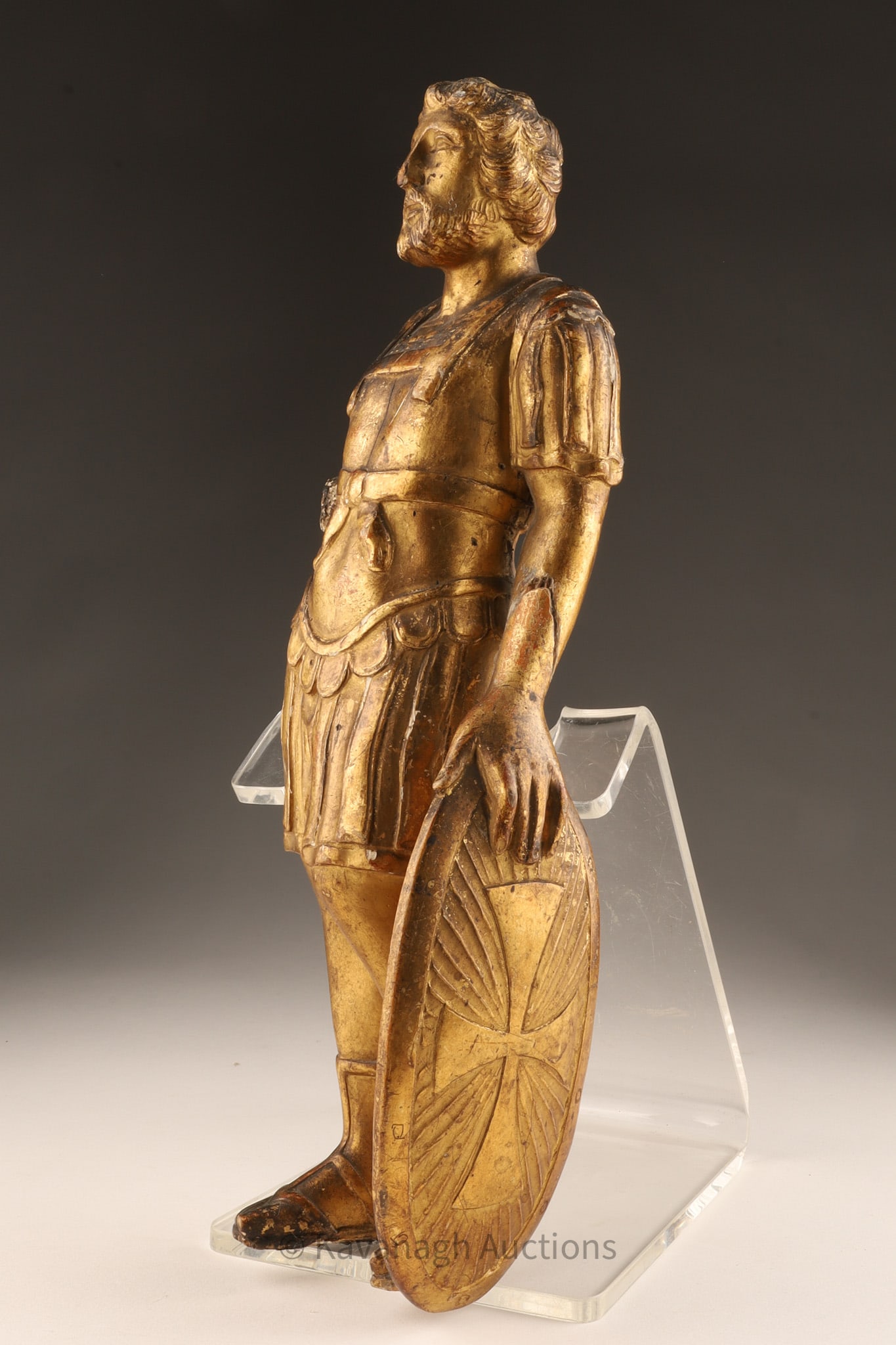 Antique French Gilt Wood Figure Roman Soldier: Antique French Gilt Wood Carved Figure Roman Soldier holding a long shield. Restoration to arms, loss to one hand. 13 inches H x 6 W.